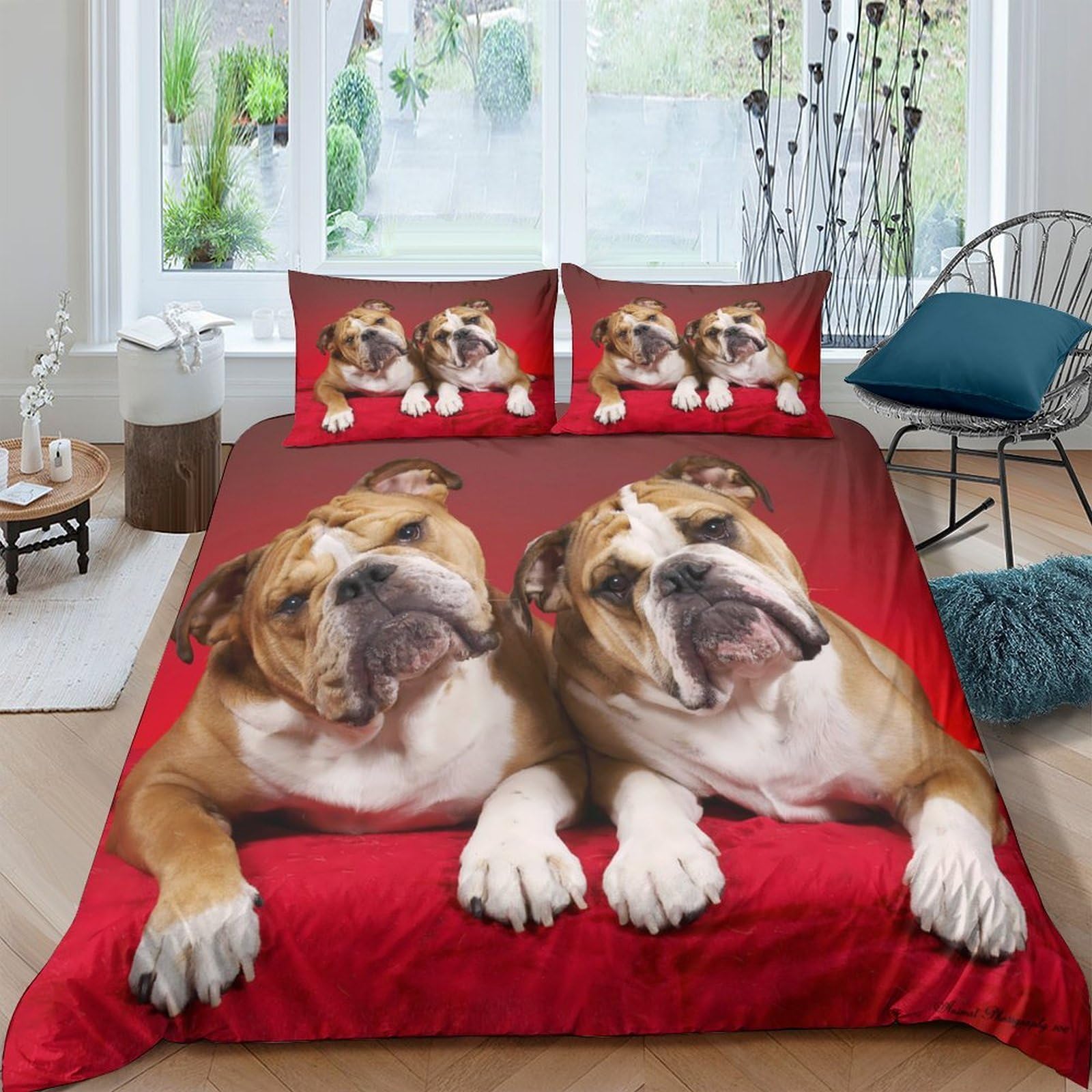 GPLZQXKJNH 3D Printed Bulldog Red Duvet Cover Microfiber Soft Breathable Dog Quilt Cover Set with 2 Pillowcases for Bedroom Decor Single（135x200cm）