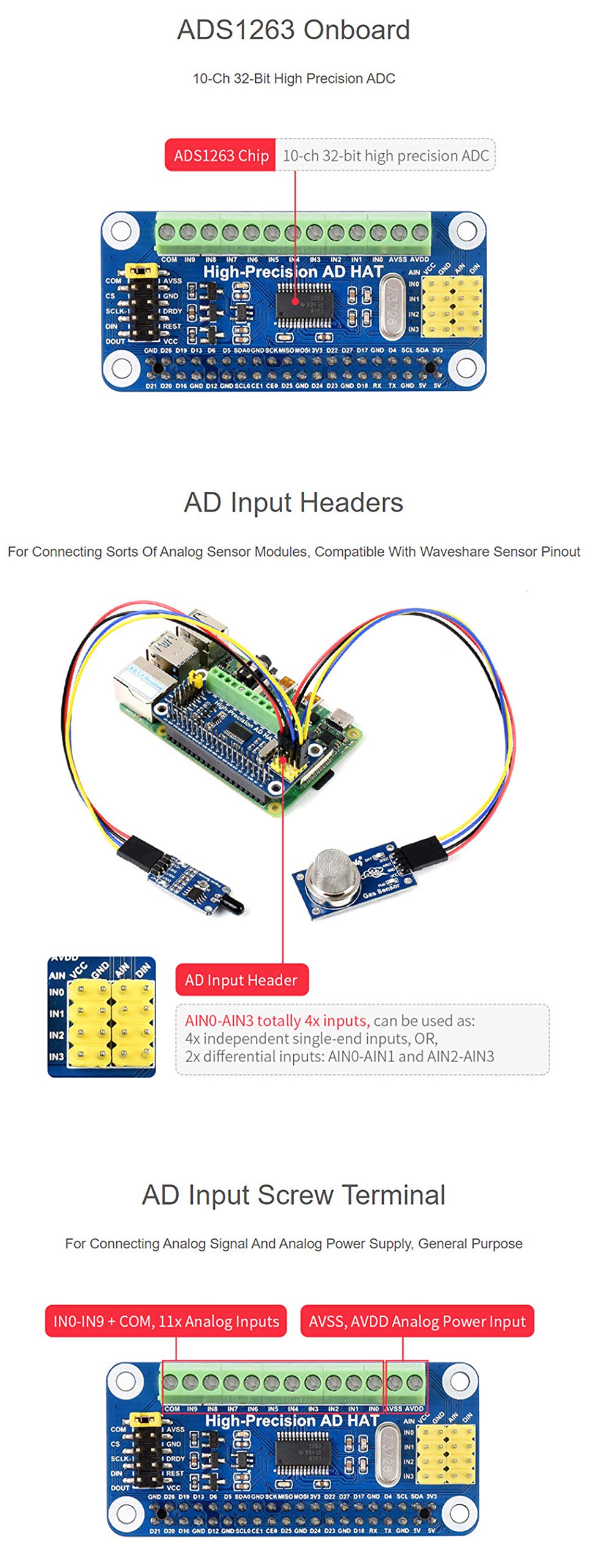 High-Precision AD HAT Compatible with Raspberry Pi Series & Jetson Nano, ADS1263 10-Ch 32-Bit ADC