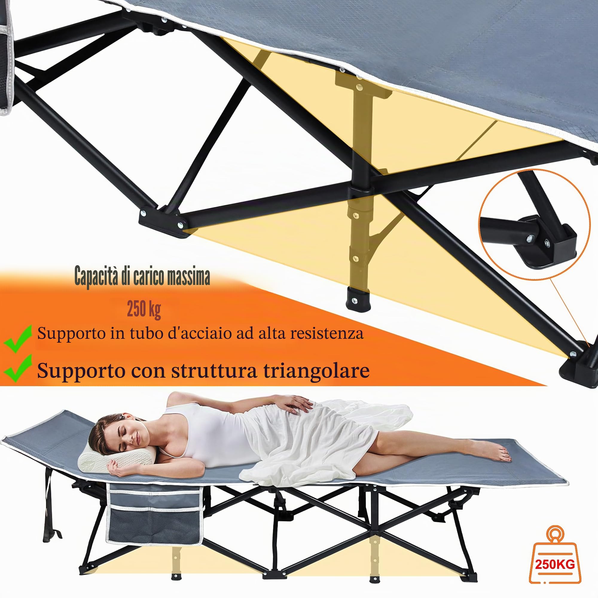 ACXIN Letto da campeggio stabile, pieghevole, da campeggio fino a 250 kg, con borsa per il trasporto e borsa laterale, ideale per viaggi all'aperto, interni, campeggio, letti per gli ospiti, spiaggia