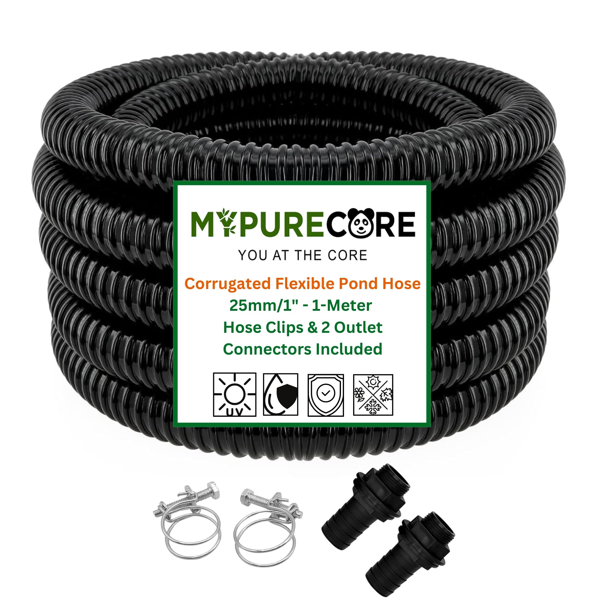 MYPURECORE Corrugated Flexible Pond Hose Set – 25mm / 1" PVC Hose with 2 Double-Wired Metal Clips & 2 Barbed Water Tank Outlet Connectors – for Pond Pumps, Waterfalls & Drainage (1-Meter)