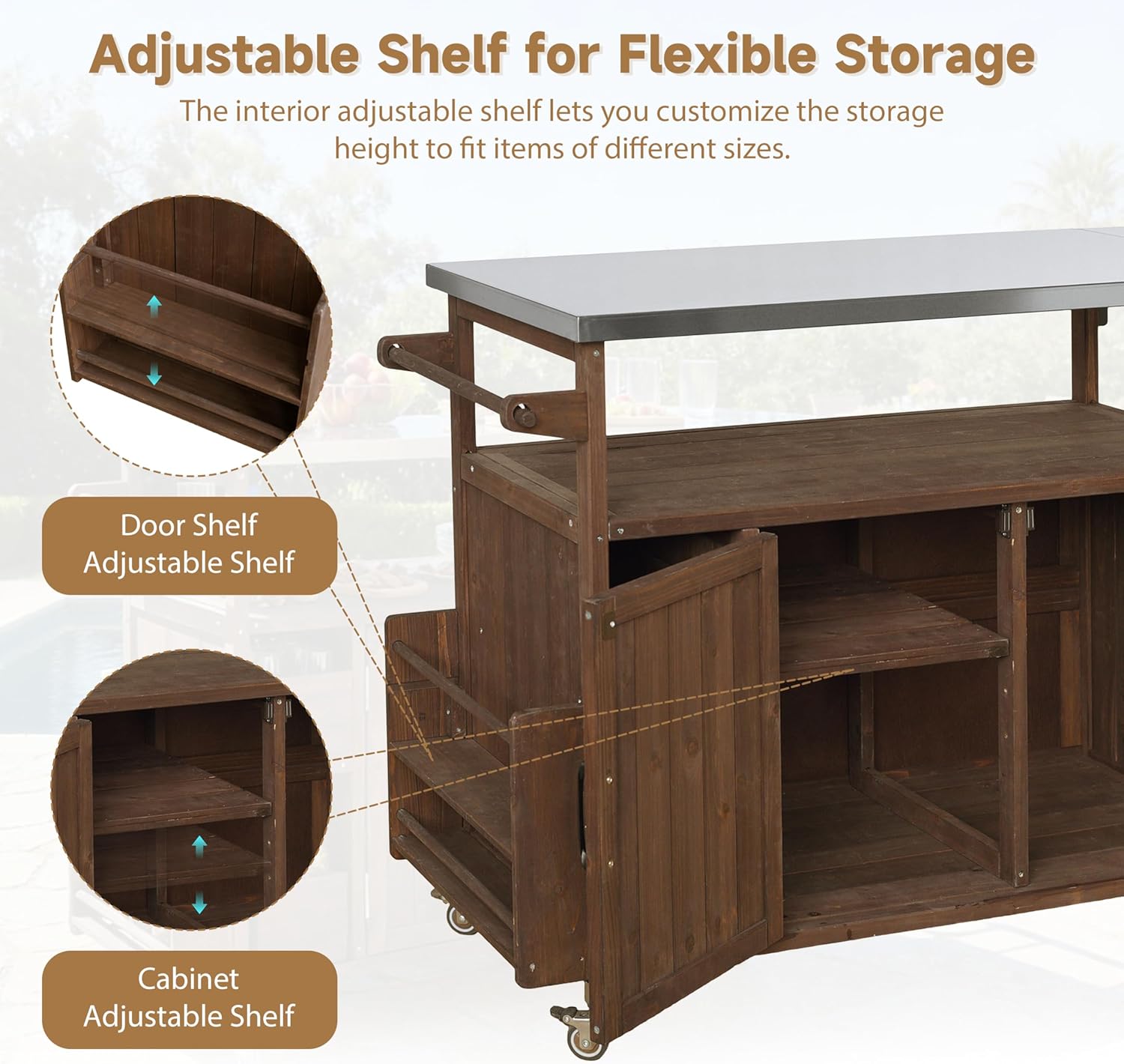 Merax 54.33" Farmhouse Rolling Outdoor Kitchen Cart, Solid Wood Frame with Stainless Steel Top, Spice Rack, Towel Rack, Lockable Wheels & Multi-Functional Storage for Patio, Backyard BBQ & Kitchen