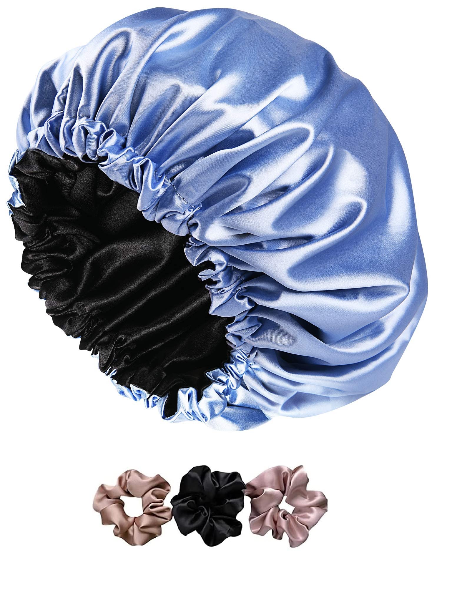 AP SALES Silk Hair Cap for Sleeping-with 3 Satin Scrunchies| Satin Bonnet for Curly Hair| Silk Bonnet for Hair| Satin Hair Cap for Sleeping| Adjustable Hair Bonnet for Sleeping-image-1