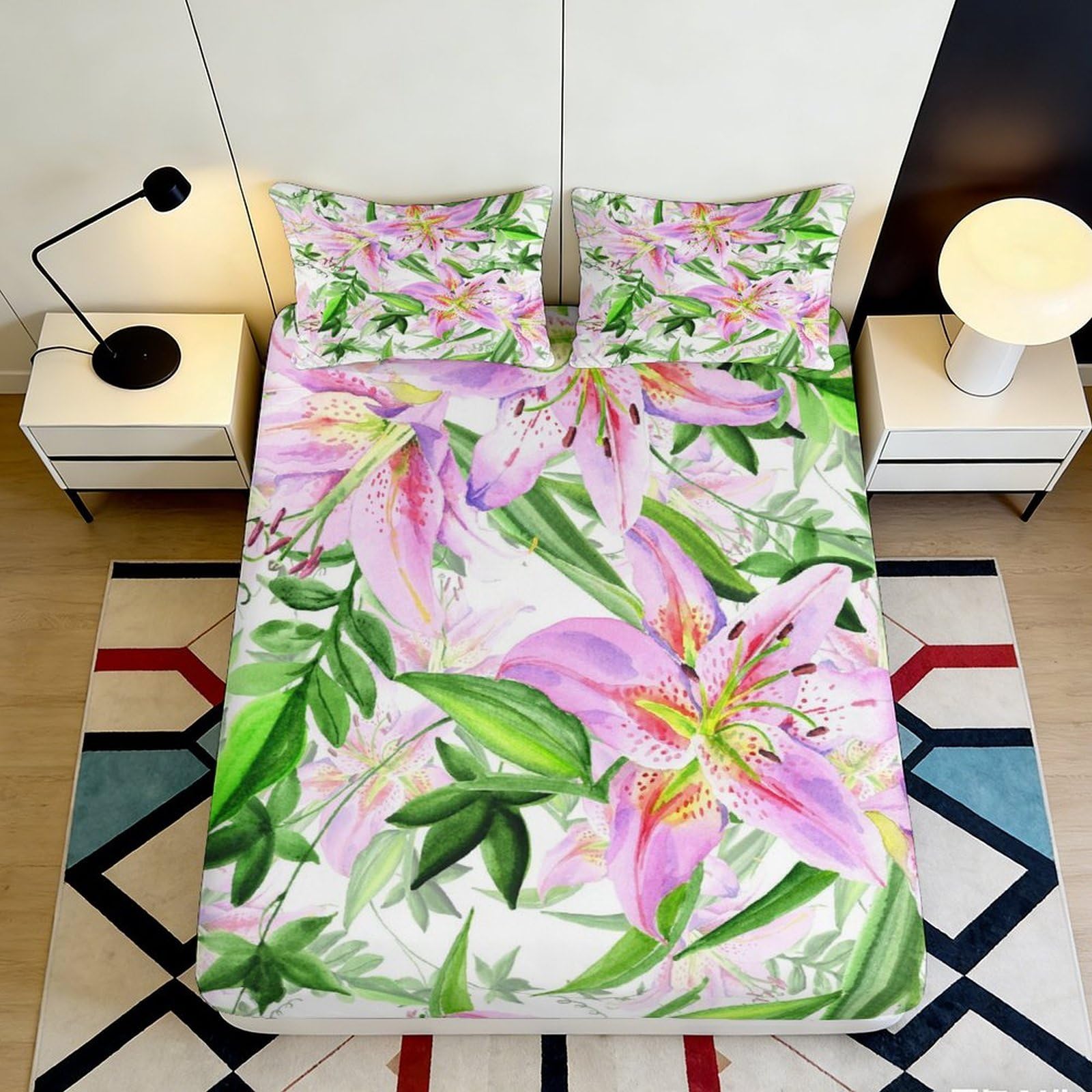 3D Printed lily floral Fitted Sheet, soft touch Microfiber, wrinkle resistant, home decor, bed cover for guest room bedding, dustproof, easy care, 200x200x25cm