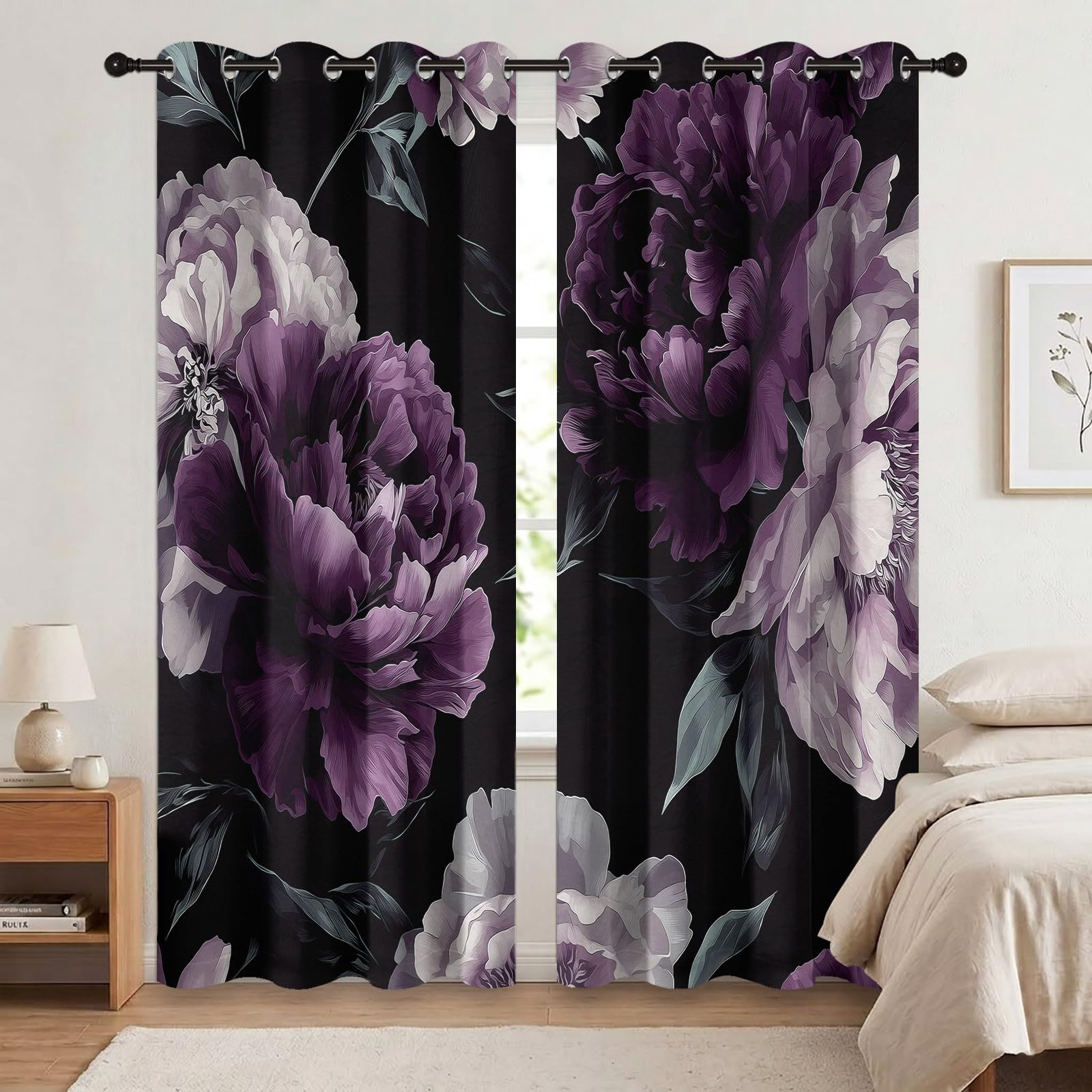 Rideaux Occultants Plante Floral 75L X 166H cm (2 Panneaux), Isolation Thermique Fixation par Oeillets Pivoines Gothiques pour Chambre À Coucher, Noir Violet