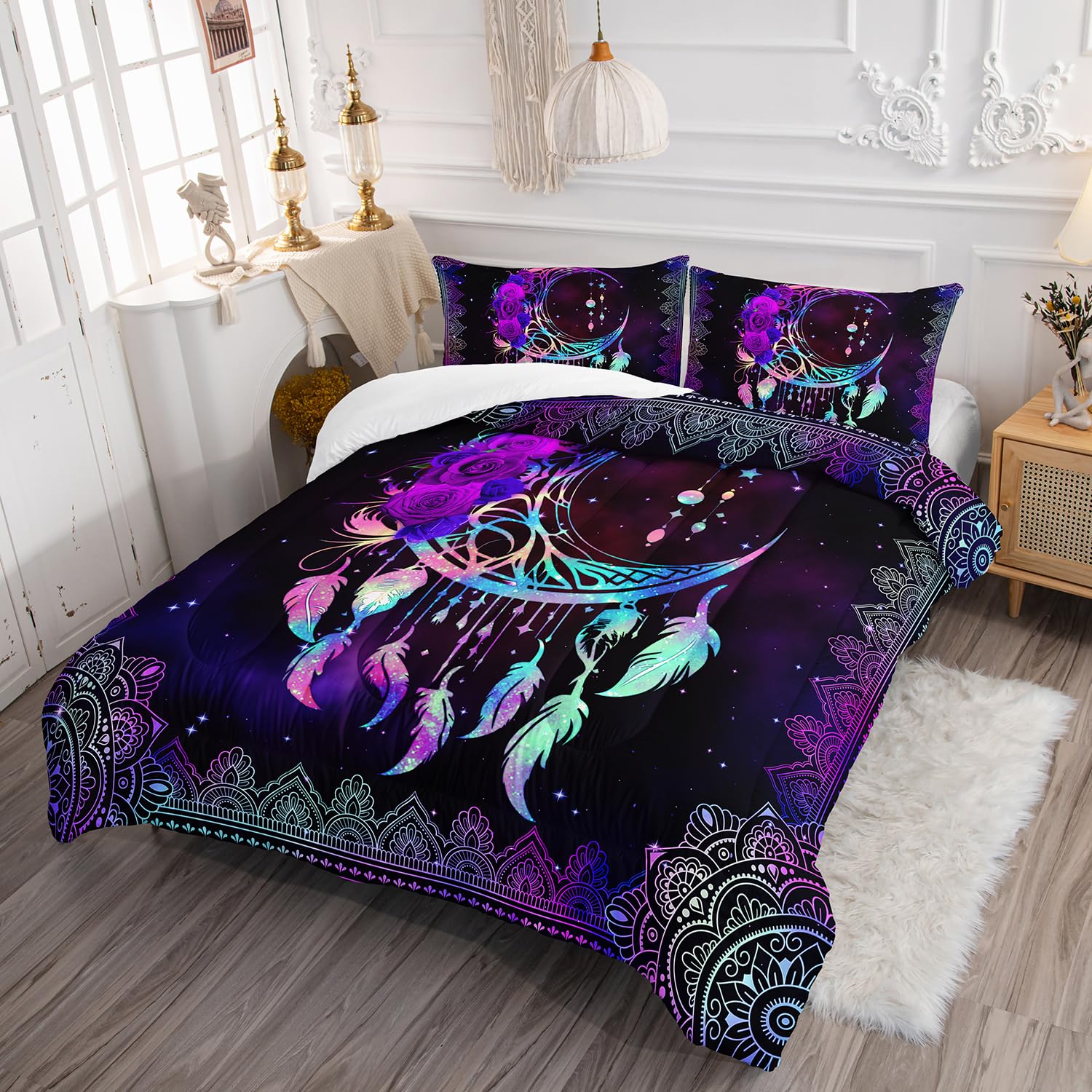 AILONEN Purple Galaxy Moon Comforter Set, Mandala Bohemian Bedding Set Full Size,Moon Dream Catcher Starry Comforter Boys Girls Bed in a Bag Duvet Set, 1 Quilt and 2 Pillowcases