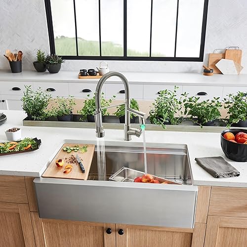 Miniatura 2 de Fapully Grifos de cocina con rociador extraíble, grifo comercial de fregadero de cocina de una sola manija con luz LED, níquel cepillado