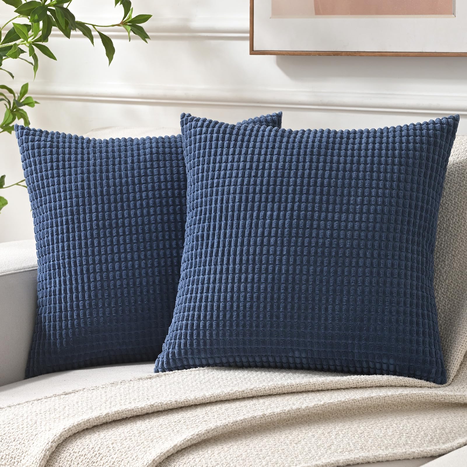 Set of 2 Decorative Pillow Covers Navy Blue Throw Pillow Covers Corduroy Boho Cushion Covers Striped Pillows Covers for Couch Sofa Living Room 18x18