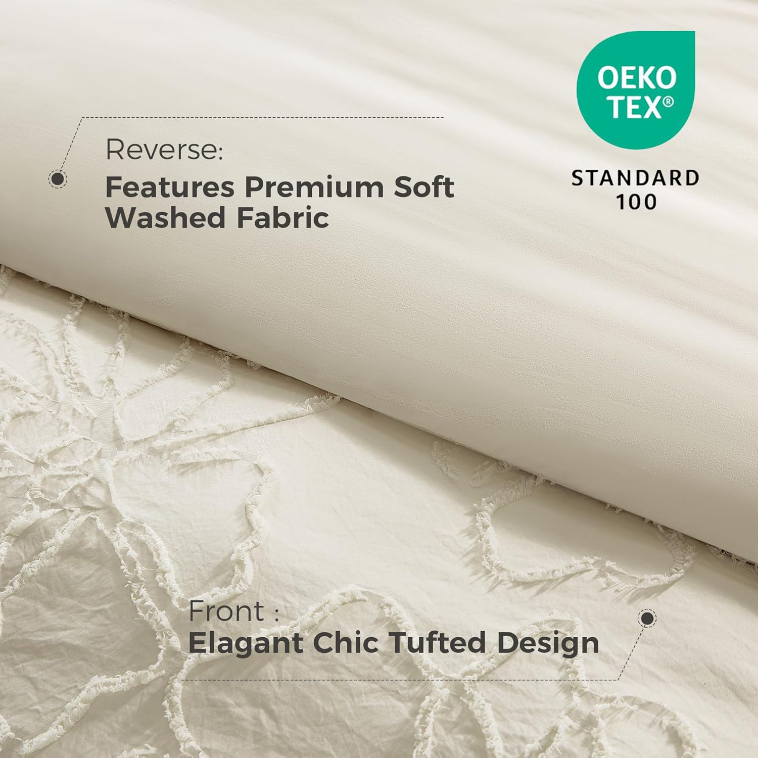 TINA'S HOME Duvet Cover Queen Size - Tufted Boho Duvet Cover Set for All Season, 3PCS- 1 Beige Washed Microfiber Duvet Cover with Zipper and 2 Pillow Shams, Chic Bedding Comforter Cover Set