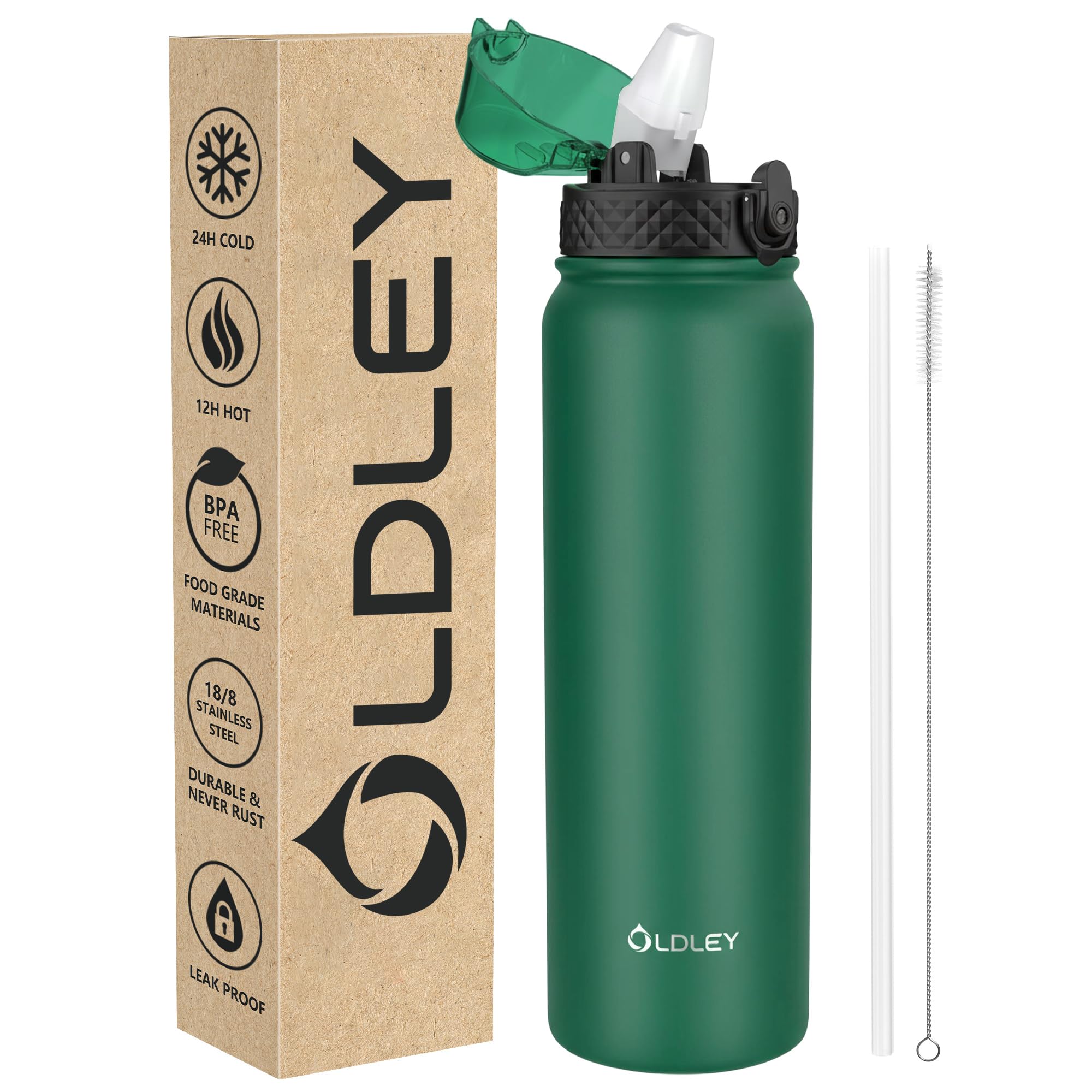OLDLEY Stainless Steel Water Bottle with Straw 1L Vaccum Insulated Large Drink Flask Metal Water Bottles 1 Litre Leakproof Keep Drinks Hot Cold for Sports Gym Travel Women Men (Mountain Green, 1 Lid) โ image 1