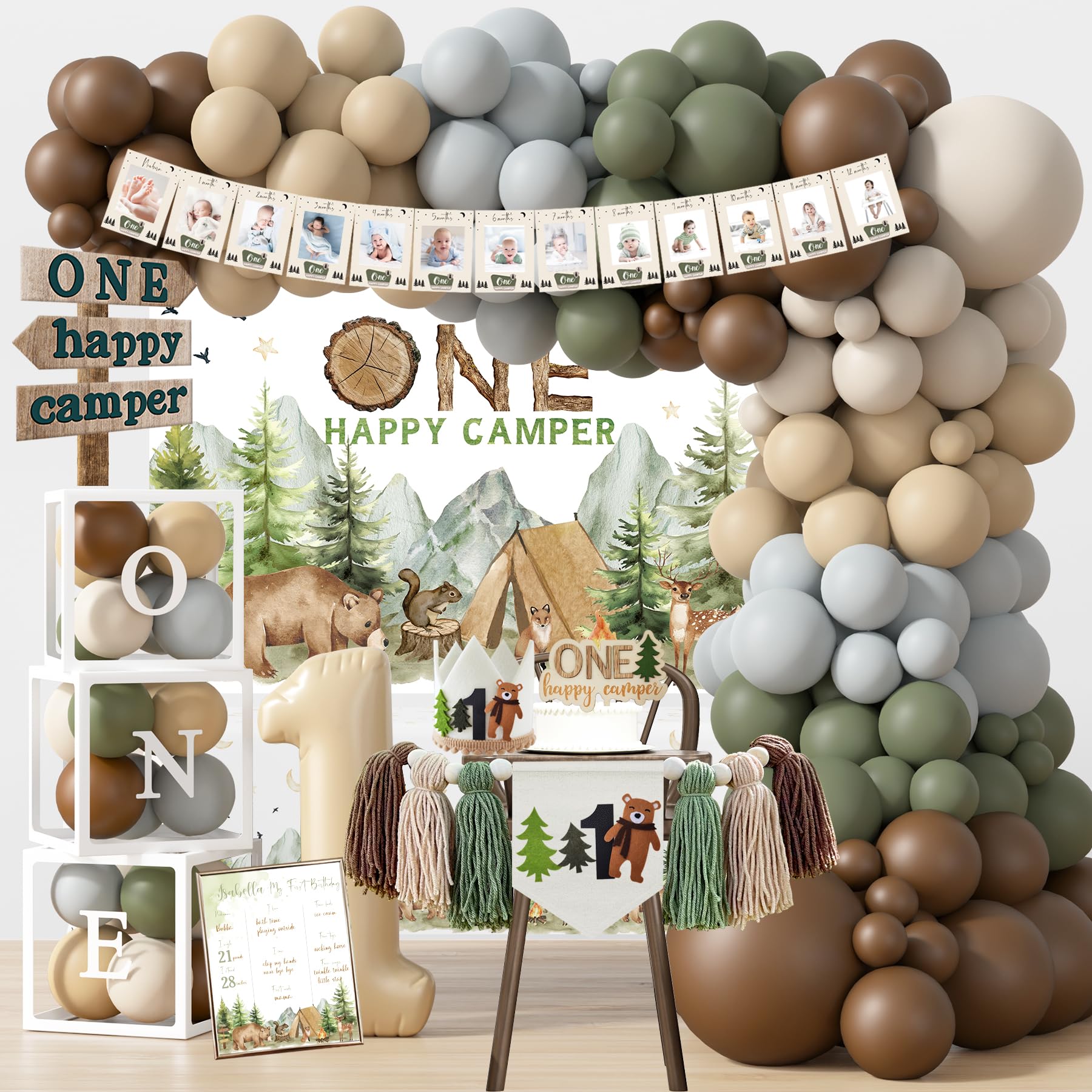 One Happy Camper Birthday Decorations, Camping 1st Birthday Party Supplies with Balloon Arch Balloon Box Backdrop High Chair Banner Crown Cake Topper