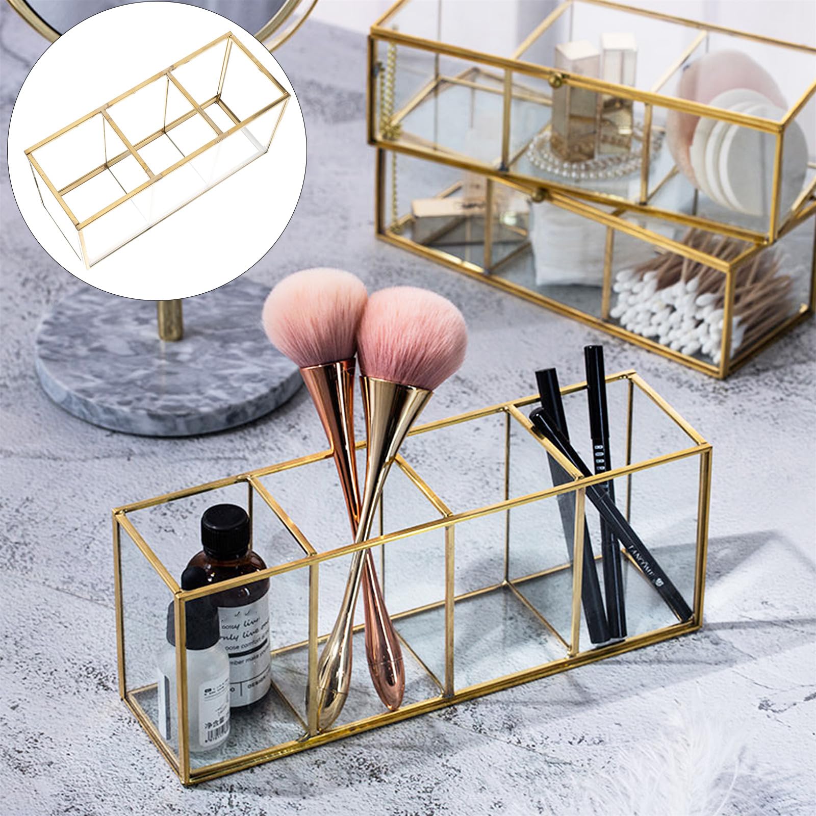 SOLUSTRE Kosmetikaufbewahrungsbox mit Legierung in Gold Stabil und Leicht zu Reinigen Elegantes Design aus Glas für Make Up und Schmuck dem Schminktisch