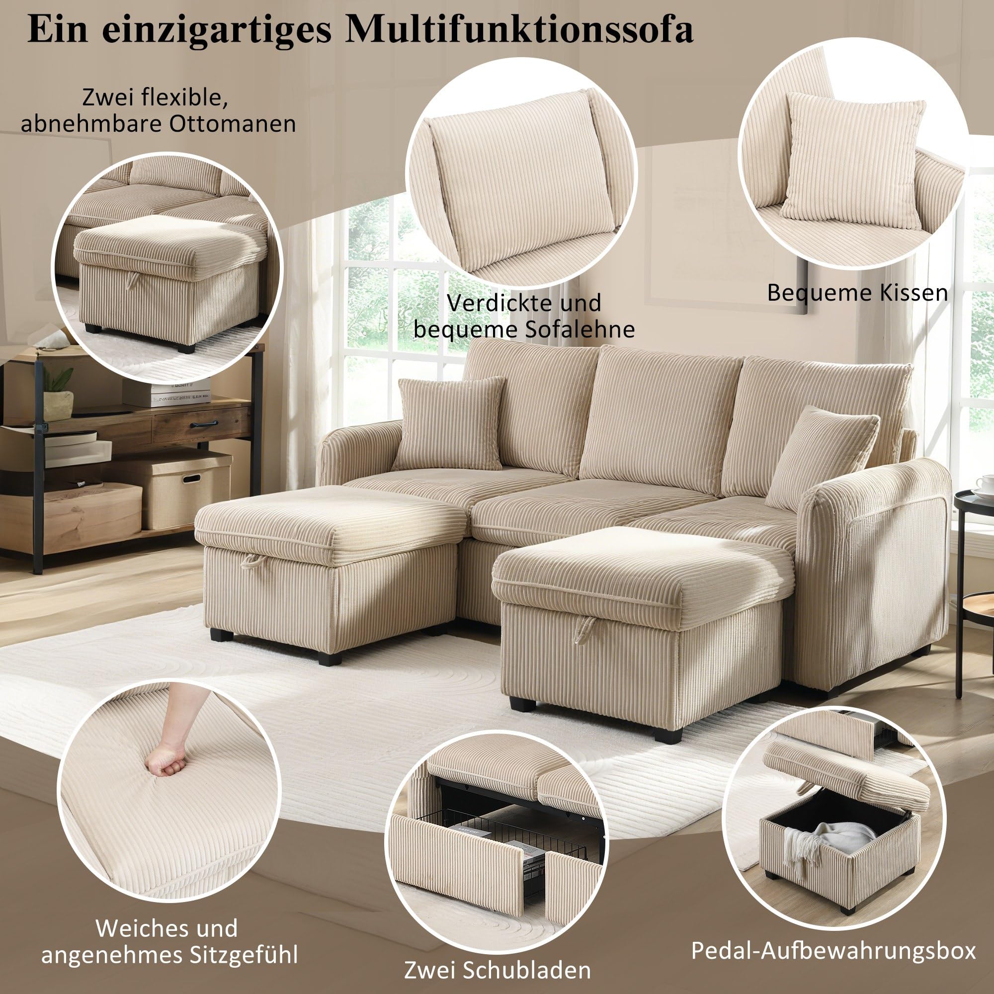 Multifunktionale Ecksofa U-Form-Dreisitzer Polster-Sofa mit Staufunktion – Inklusive Schubladen + Hocker mit Staufach, Modular Zerlegbares mit Schlaffunktion, Cord-Stoff, Beige