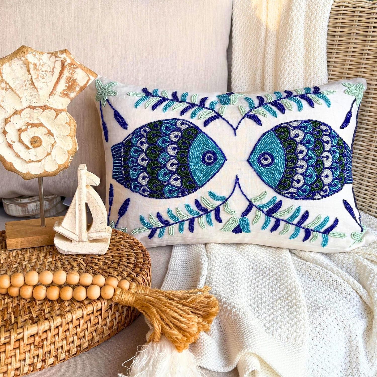 The HomeCentric Decorative Oblong/Lumbar Throw Pillow Covers Accent Pillows Couch Sofa Pillow Case 12x20 inch (30x50 cm) White Silk Dupioni Bead Embroidery - Fish Tales