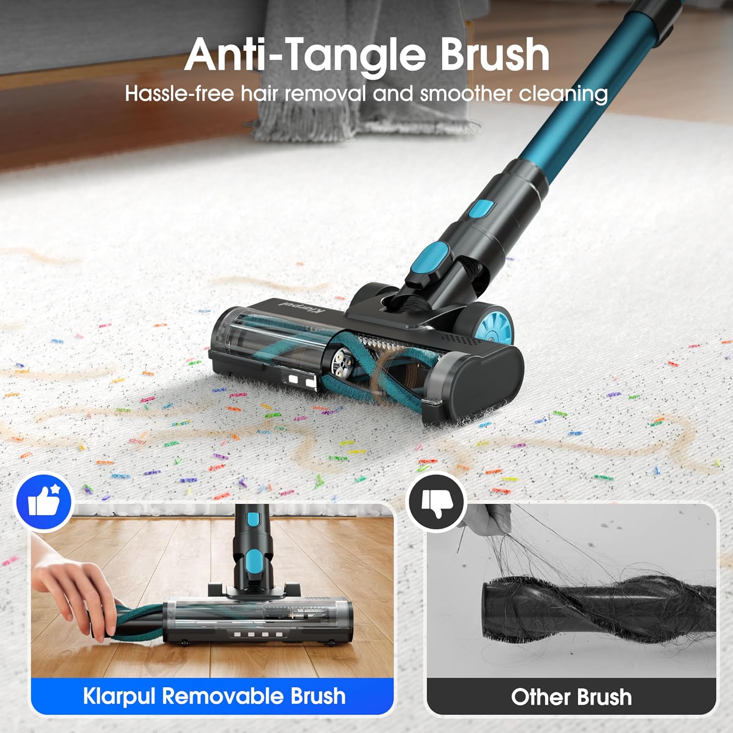 Klarpul Cordless Vacuum Cleaner, 300W 30KPA 50Mins Runtime Fast Charging Vacuum Cleaner, Self-Standing LED Light Touch Screen Stick Vacuum for Home Light Weight,for Pet Hair/Carpet/Floor, Cyan