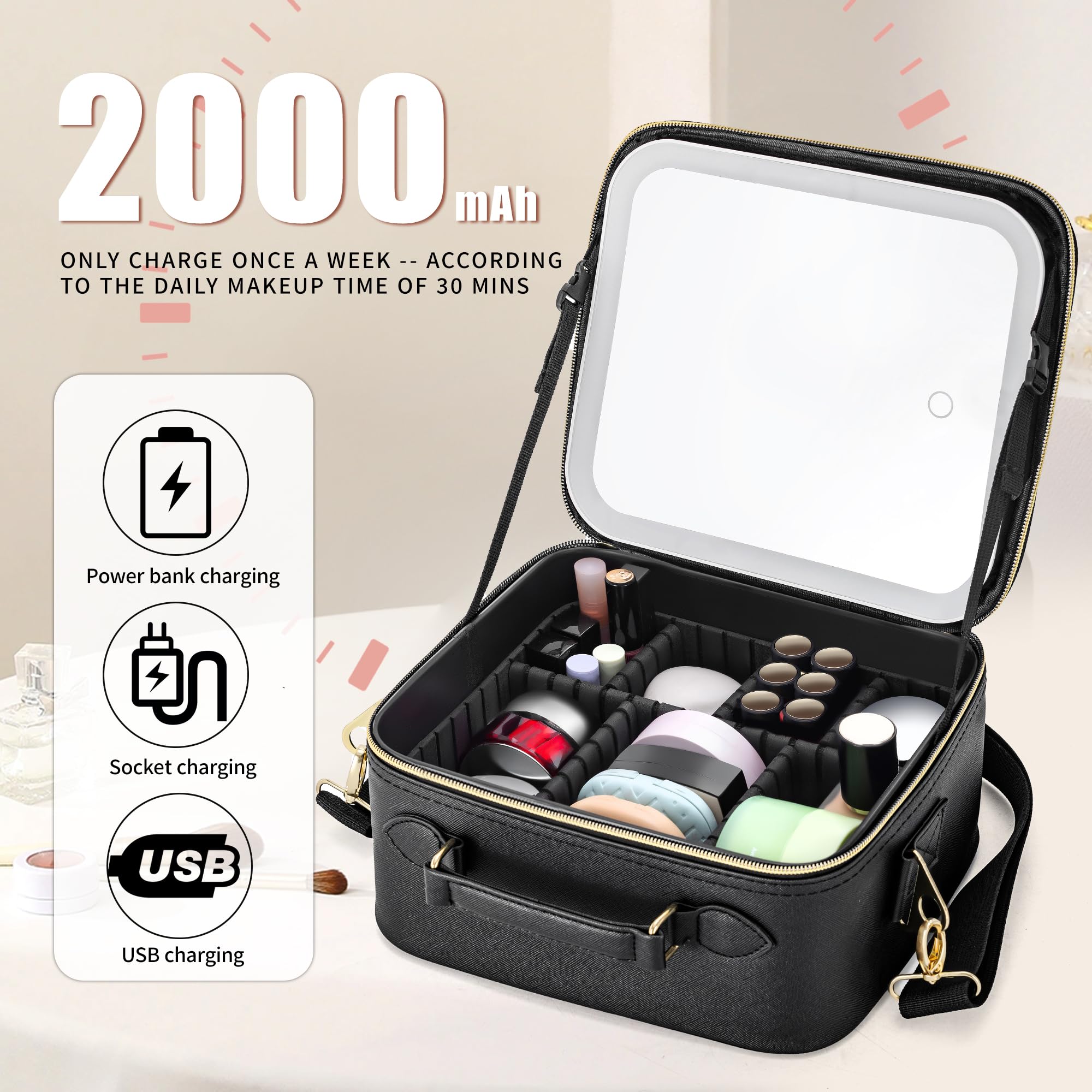 Travel Makeup Bag with LED Mirror, Adjustable Dividers and USB Cable