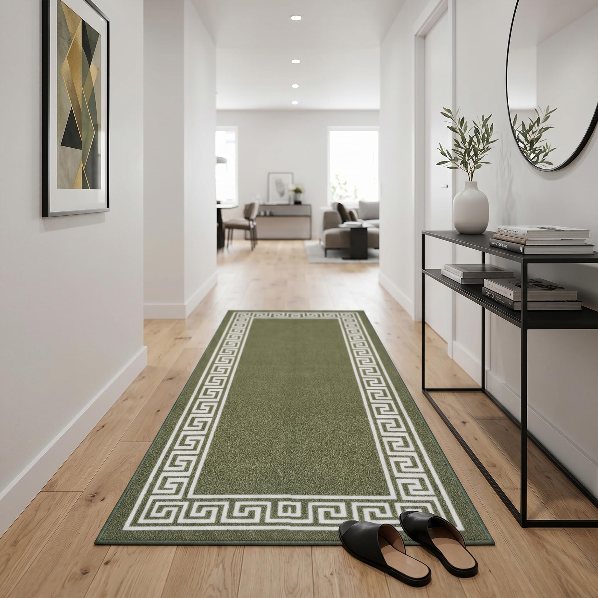 Fit Even Greeky Runner Rug – Large Washable Non-Slip Carpet for Living Room, Bedroom, Lounge, Dining, Kitchen, Modern Indoor Long Floor Rug (Green & Cream, 66x220 cm) — image 1
