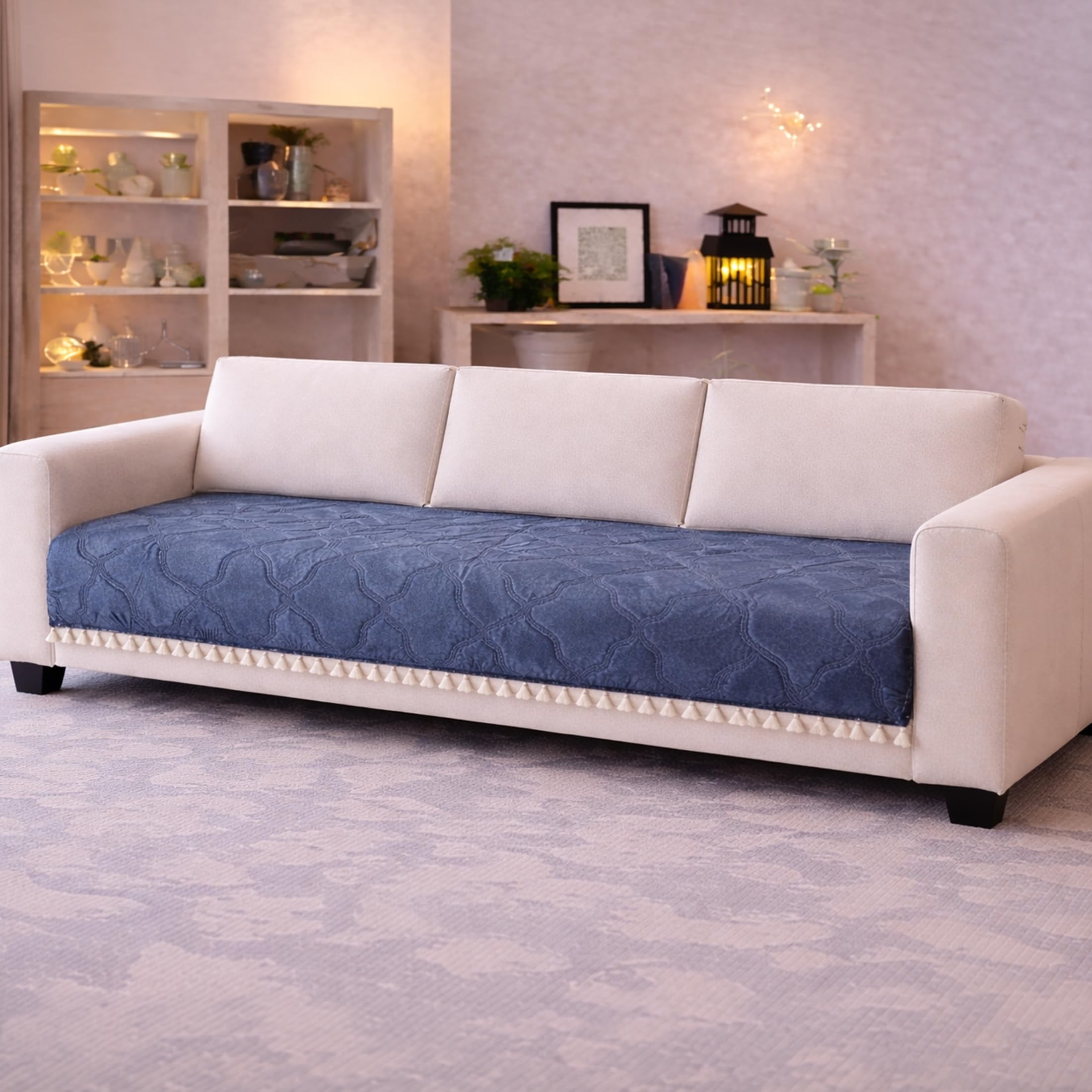 Cortina Velvet Sofa Cover with Tassels | Sofa Couch Protector | Machine Washable Sofa Topper (SkyBlue, 2 Seater)-image-3