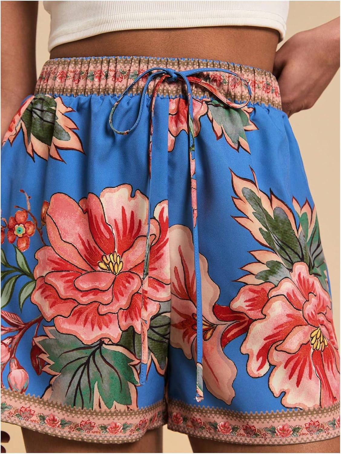 Women's Boho Floral Summer Shorts High Waisted Wide Leg Tropical Holiday Vacation Shorts - Image 4