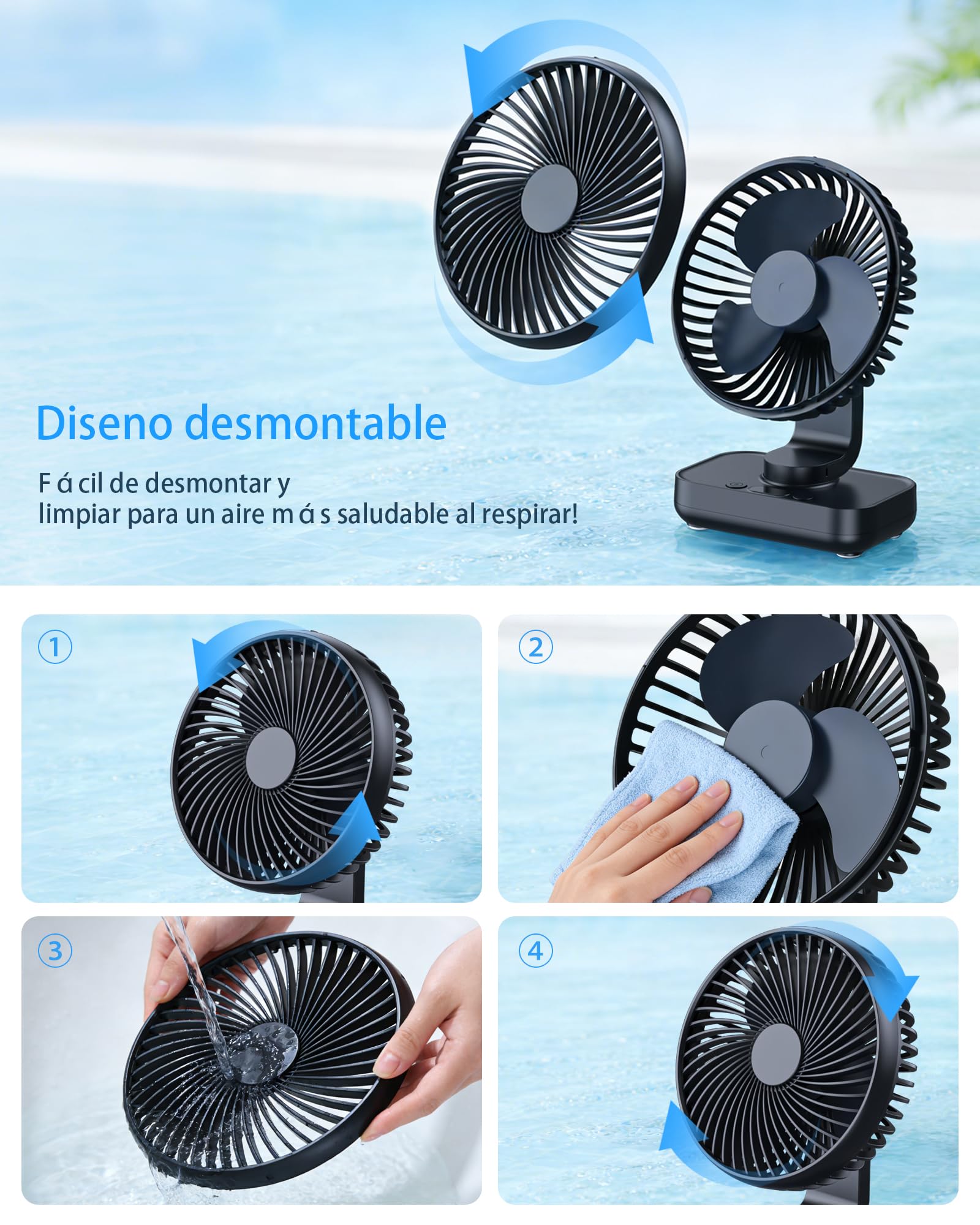Ventilador de Mesa USB con Oscilación Automática, Batería 4500mAh Recargable, Silencioso, 4 Velocidades, Pantalla Digital, Carga Rápida, Portátil para Hogar, Oficina, Dormitorio, Exteriores