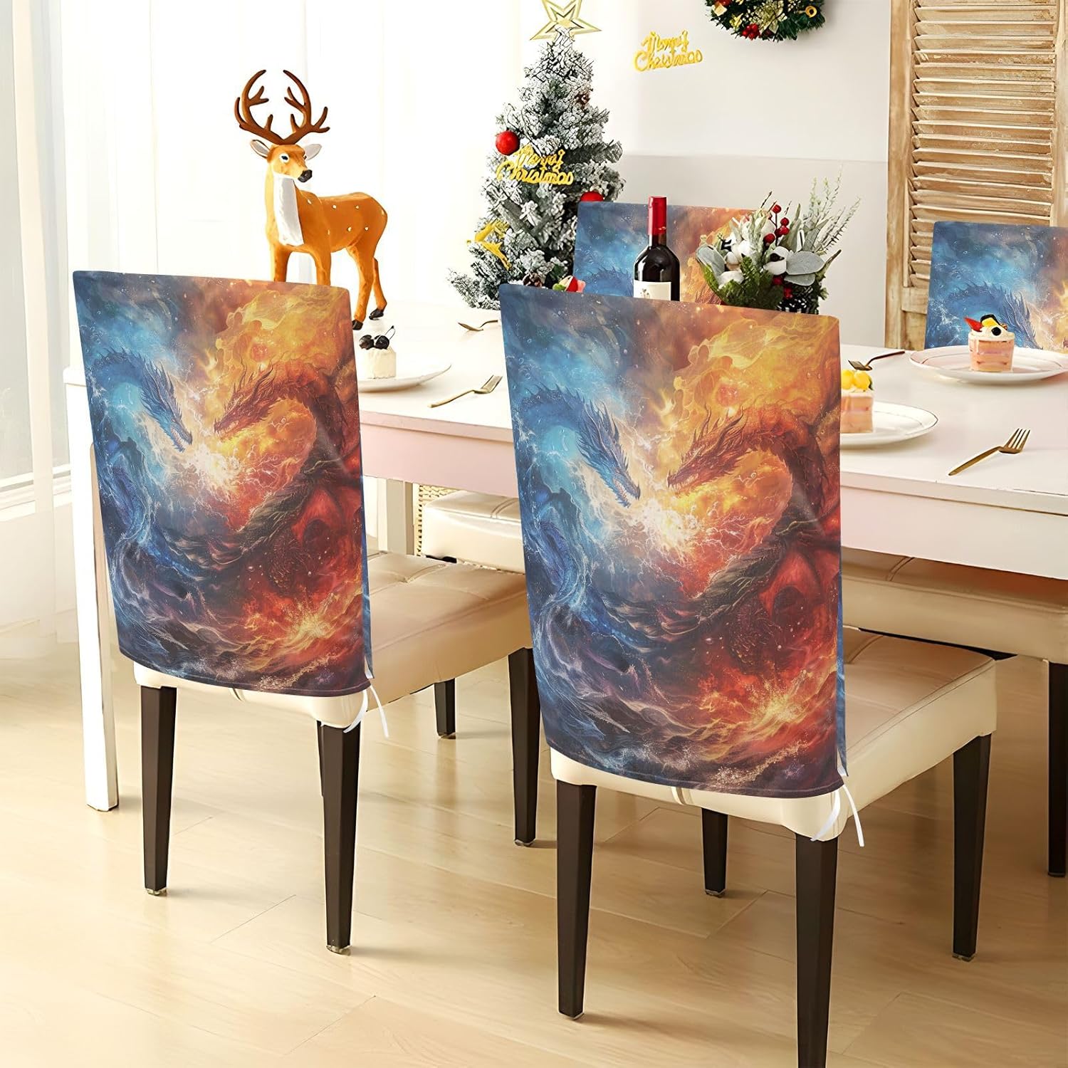 ALAZA Dragon in The Fire and Water Chair Back Cover Set of 6, Washable Reusable Removable Chair Slipcovers Decorative Chair Cover for Home Kitchen Wedding Party