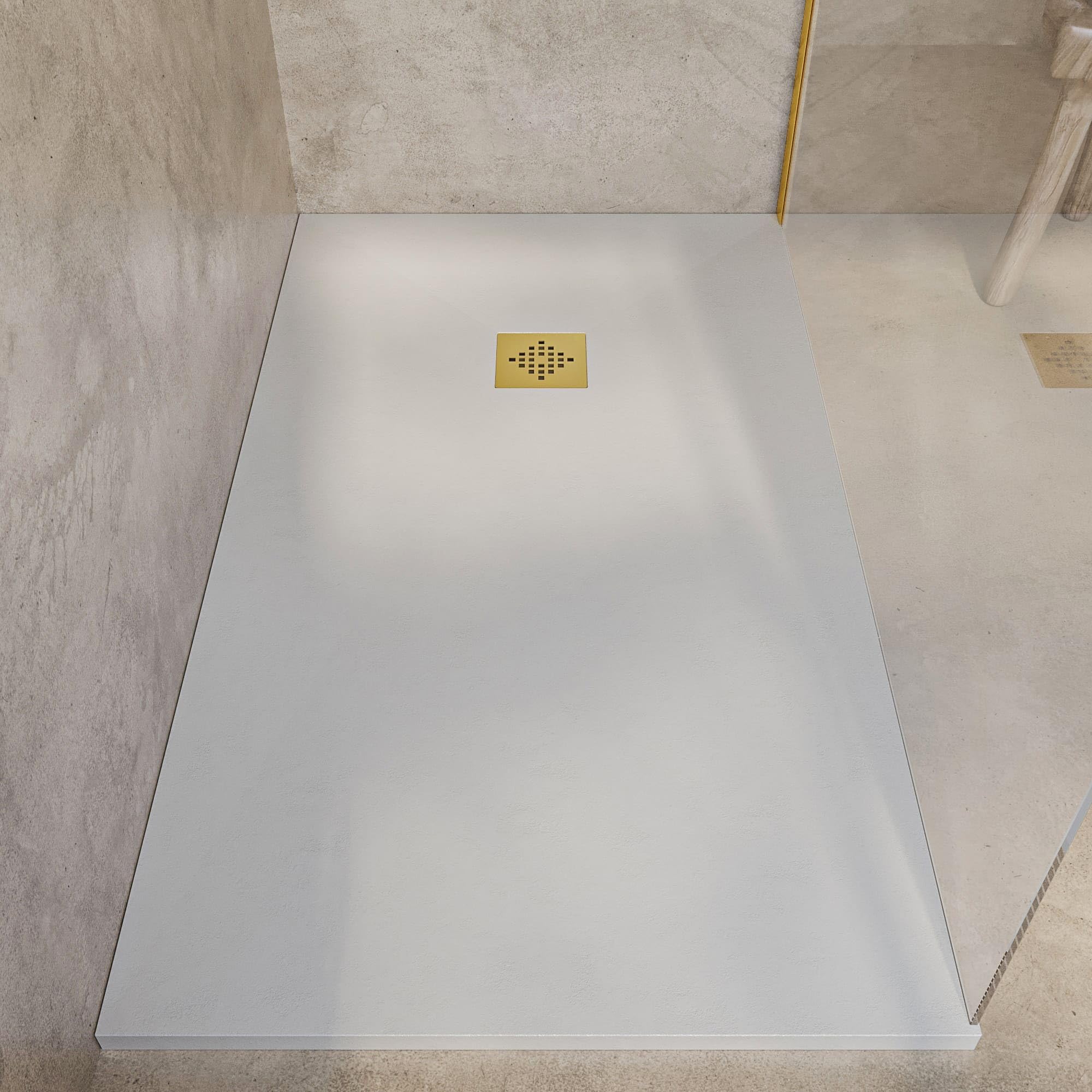 SOULHOME Brodzik prysznicowy– Żywica– Gel Coat– Gładka/Kamienna tekstura – Antypoślizgowy – Kolor kremowy – 140x90- Niski 3 cm– Z dodatkowym syfonem – Ruszt Złoty