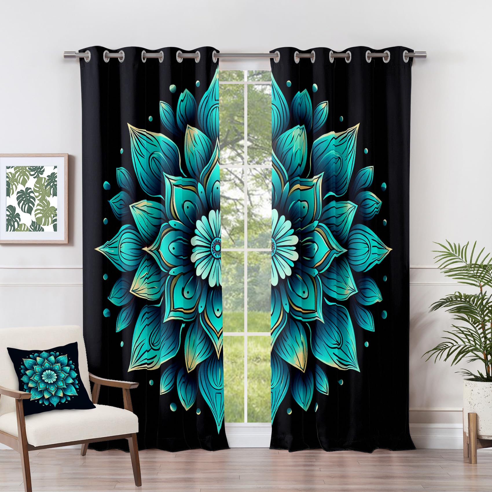 Mandala Curtains Blackout - Mandala Curtains - Meditation Spiritual Zen Teal Blackout Curtains 66 x 54 Inch (Width x Drop) 2 Panels, Meditative Eyelet Curtains & Drapes