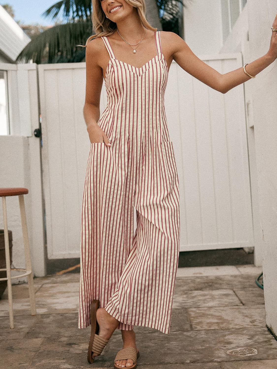 CUPSHE Maxi Jumpsuit for Women Striped Sleeveless Smocked Cutout Back Wide Leg Summer Casual Overall Romper