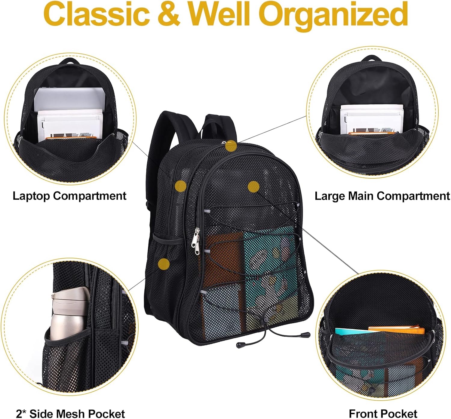 Edraco Heavy Duty Mesh Backpack, See Through Backpack, Mesh Book Bag with Bungee Cord & Adjustable Padded Straps, for Work, College, Travel