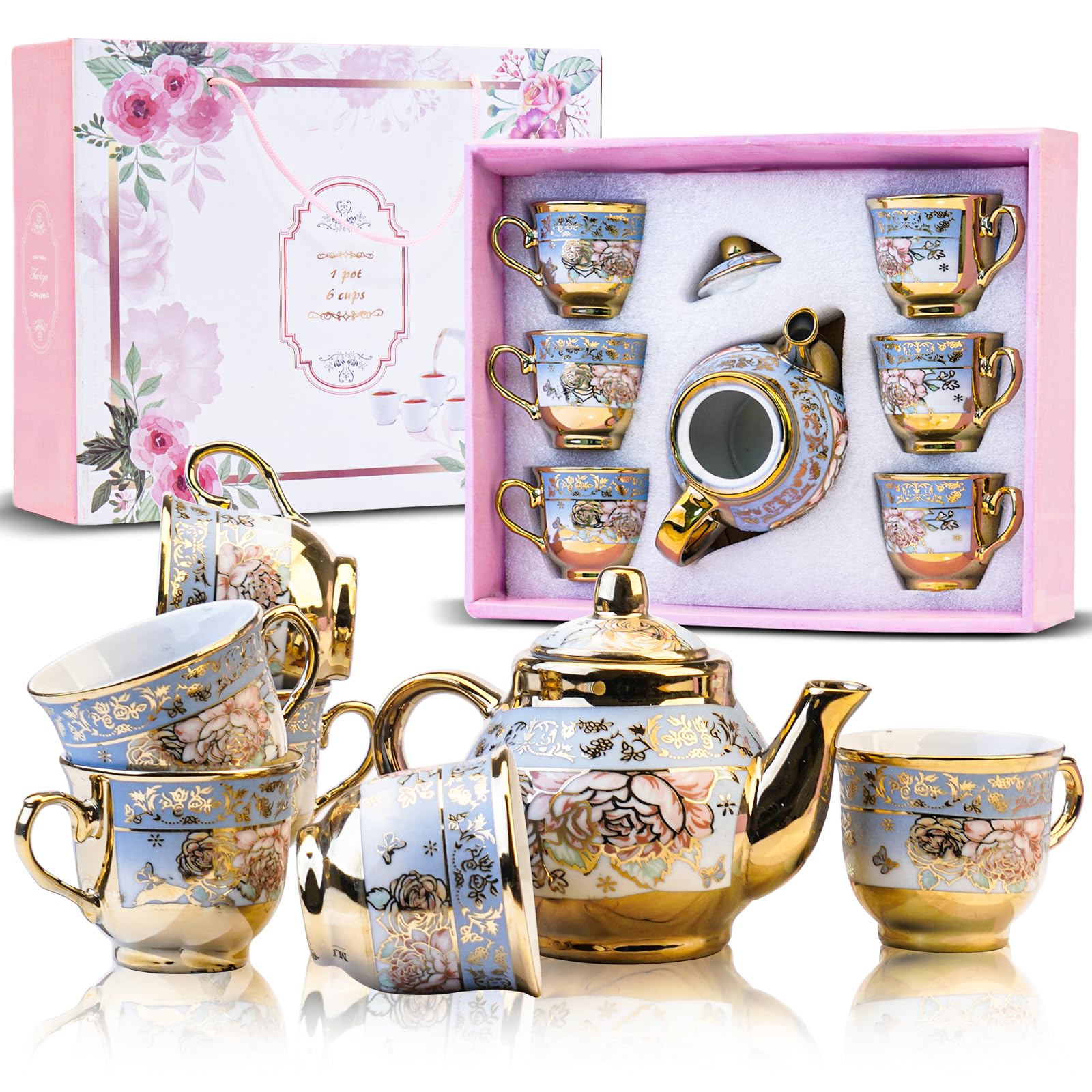 Set da Tè in Ceramica in Stile Europeo, Comprendente 1 Teiera, 6 Tazze da Tè, Set da Tè in Stile Europeo Unico per Gli Amanti Del Tè E Le Famiglie (Stile 3)