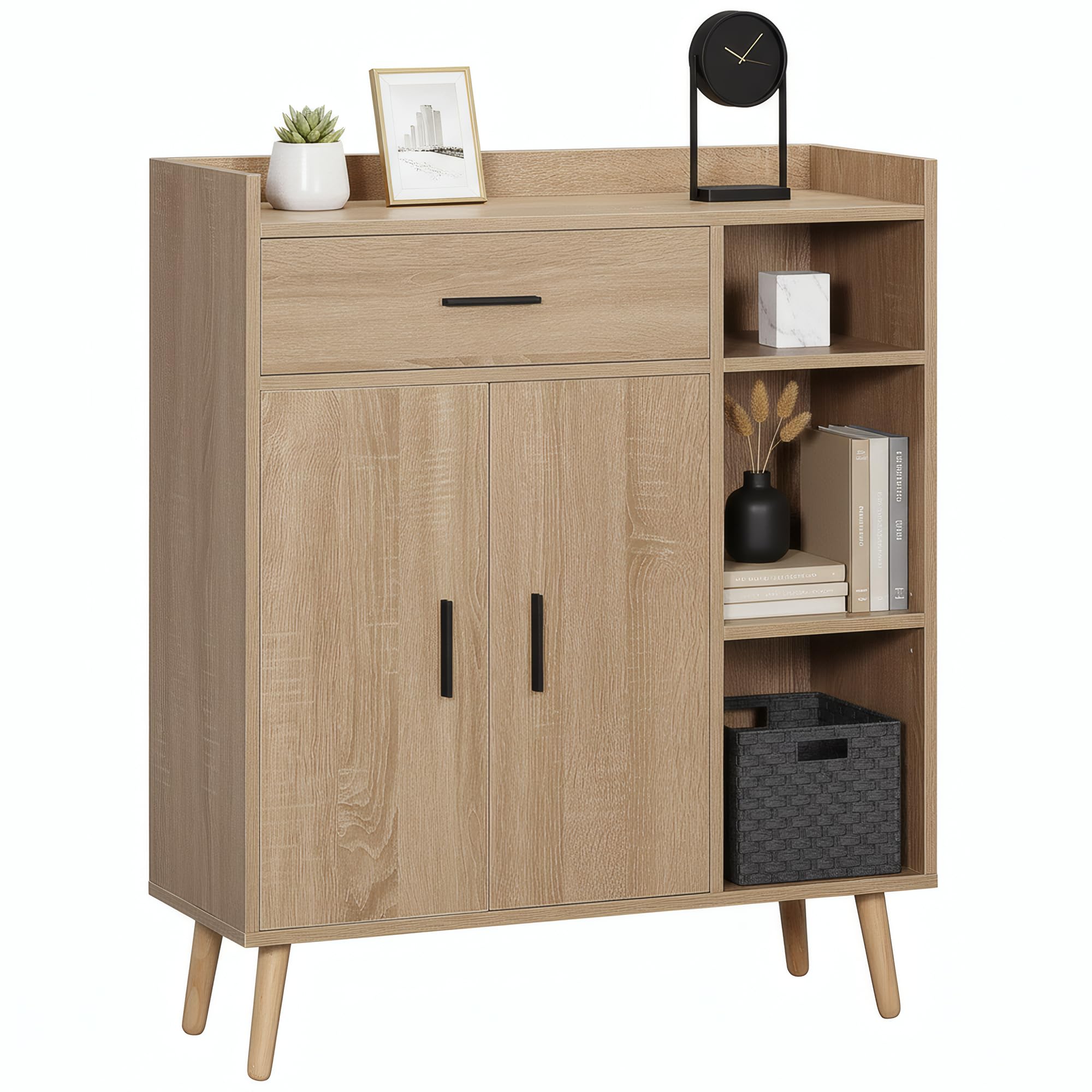 HOMCOM Aparador de Salón Moderno Mueble Auxiliar 80x30x96,5 cm Natural | 2 Puertas, 1 Cajón, 3 Estantes Abiertos, Almacenaje, para Cocina Dormitorio Entrada, Antivuelco