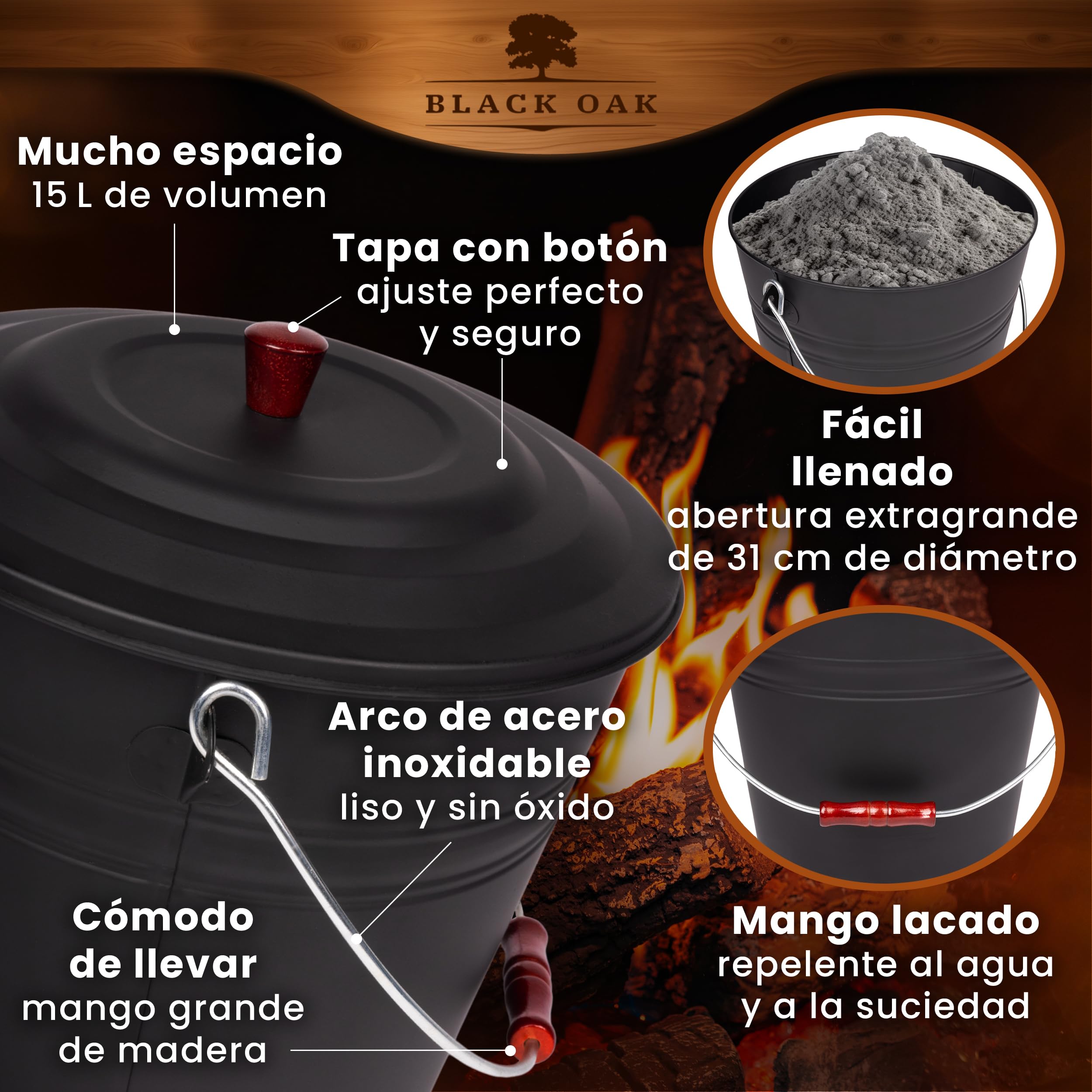BLACK OAK KATLA - Cubo de cenizas (15 L, tapa negra con botón de madera, grande, 15 L, acero galvanizado, recubrimiento en polvo, cenizas y carbón, accesorio ideal para chimenea, estufa de azulejos,