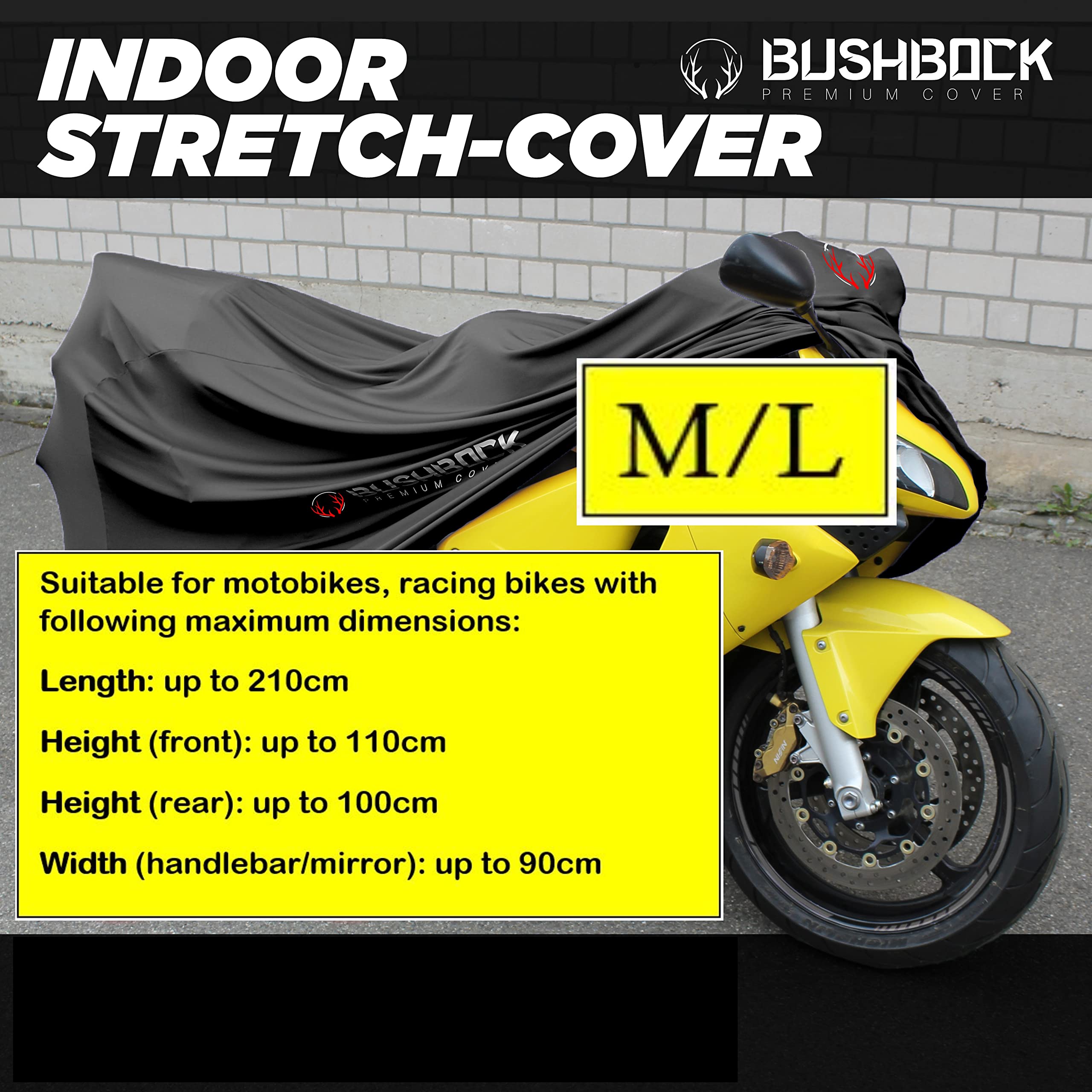 BUSHBOCK Premium Tarpaulin BUSHBOCK® Premium Tarpaulin Telo per motocicletta per interni Protezione antipolvere Tessuto elastico in velluto traspirante (ML, Nero)