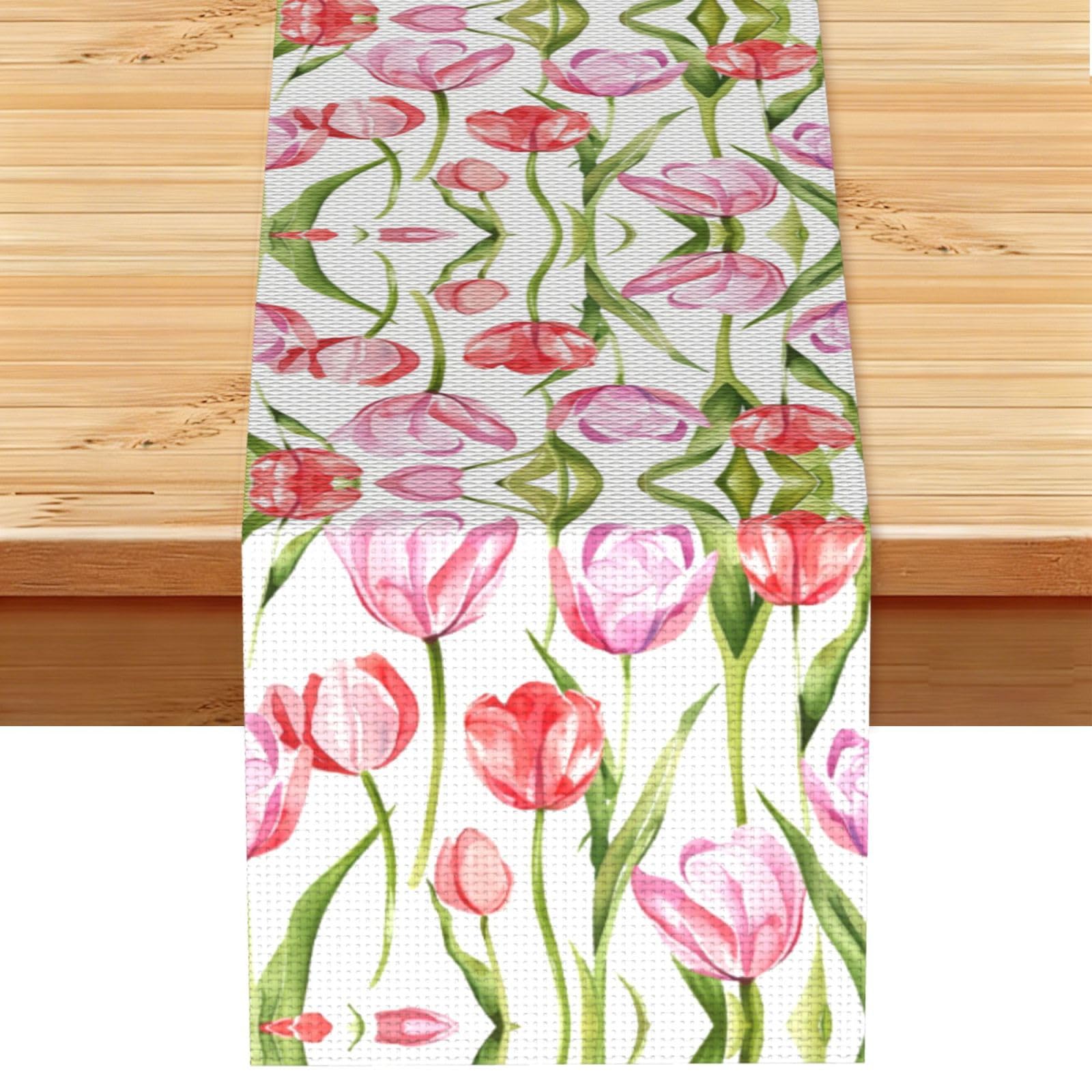 Delicate White Pink Tulips Printed Table Runner 13 x 72, Wrinkle Resistant Decor for Dining Table Coffee Table Fireplace