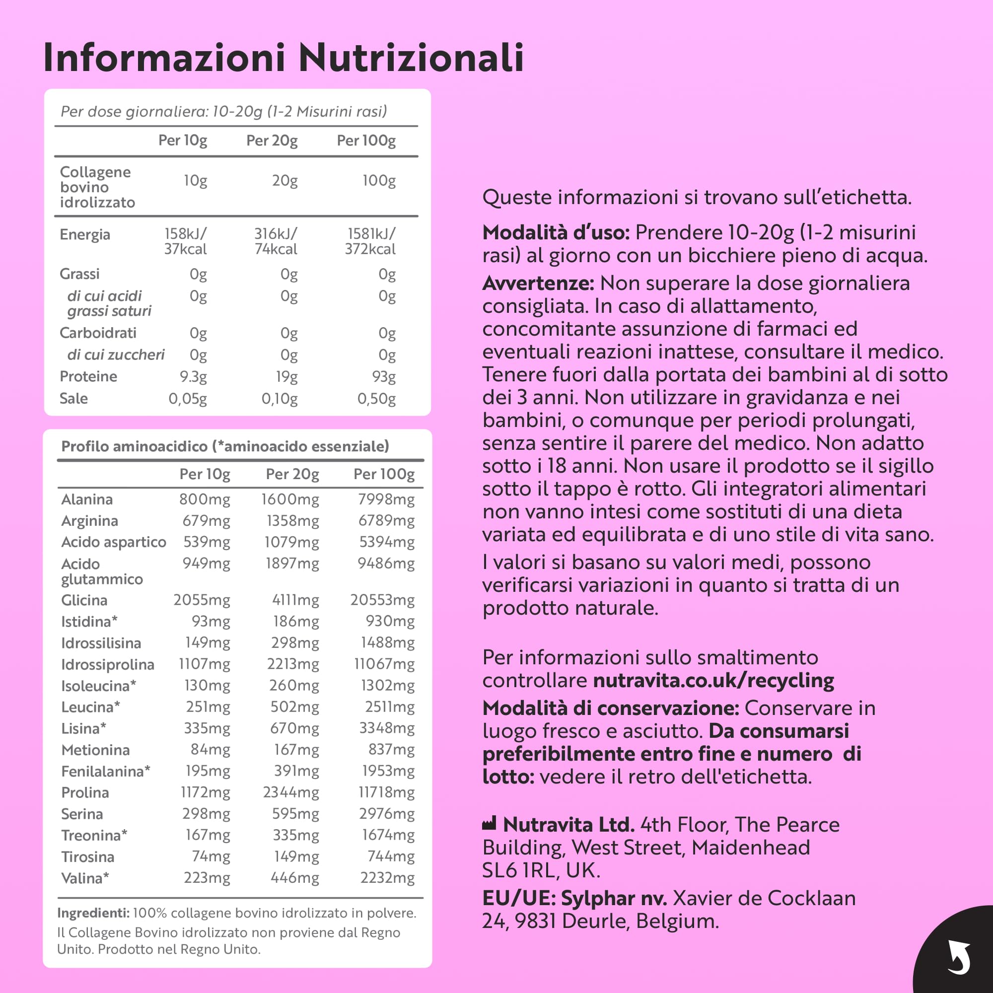 Nutravita Collagene in Polvere 500g - 50 Porzioni - Peptidi di Collagene Idrolizzato in Polvere Tipo 1 - Colageno Bovino con 8 Aminoacidi - Non Aromatizzato - Collagen Peptides Powder