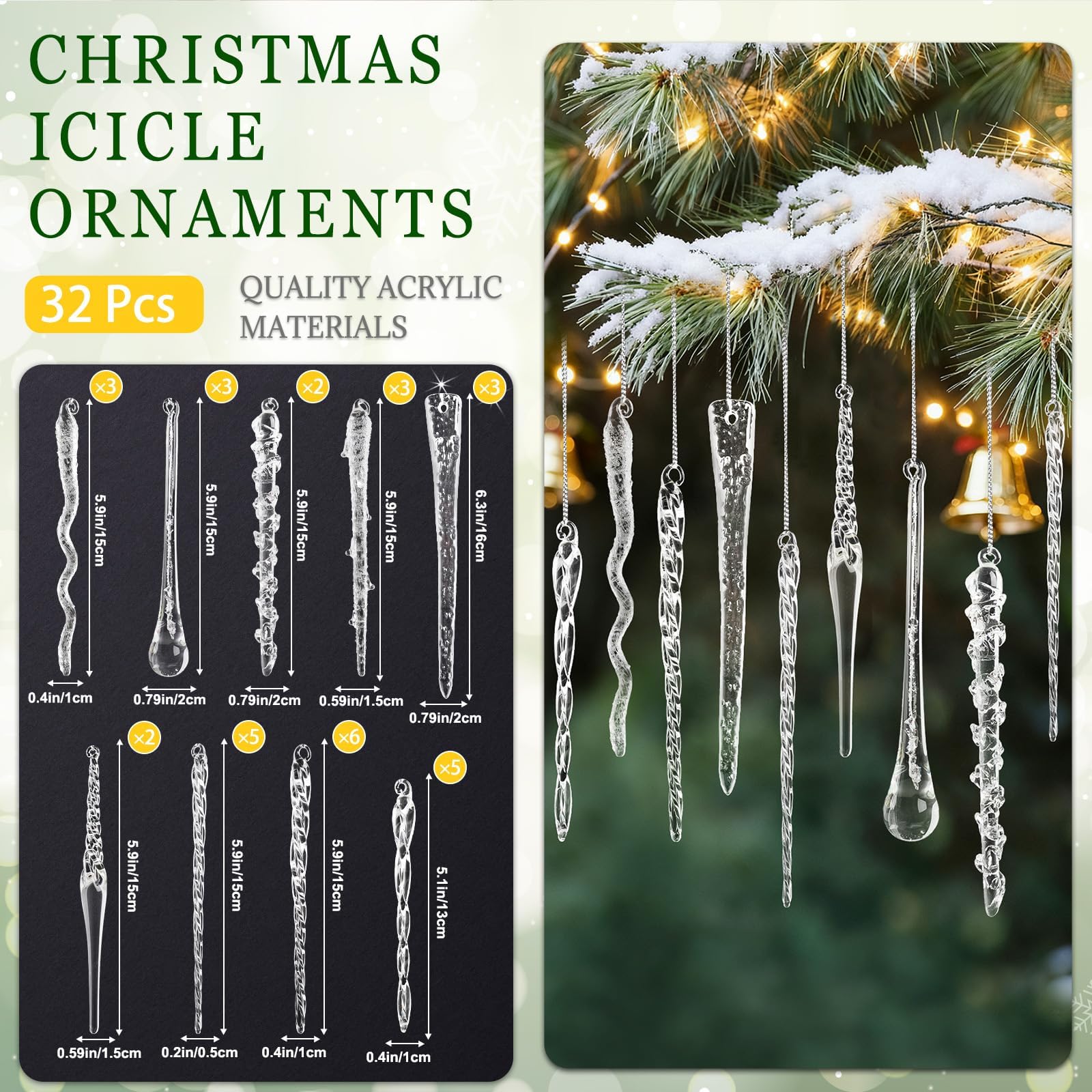 Glas-Eiszapfenornamente für Weihnachtsbaumschmuck, 32 Stück, klares Glas, Eiszapfen, Hängeornamente, Anhänger für Weihnachtsbaum, Frozen, Winter, Hochzeit, Neujahr, Party, Heimdekoration, 9 Designs