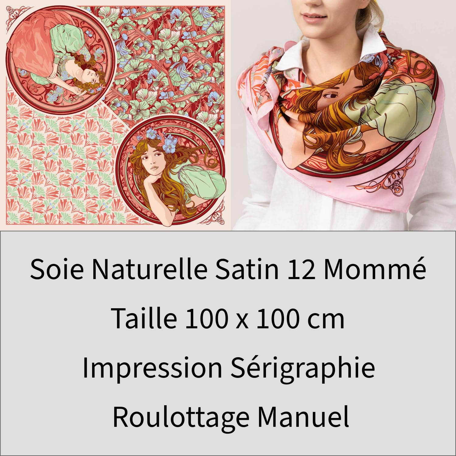 Grand Carré de Soie Naturelle 100 x 100 cm - Foulard Soie Femme Imprimé en Sérigraphie - Carré Soie Roulottage Manuel - Soie Satin - Emballage Soigné