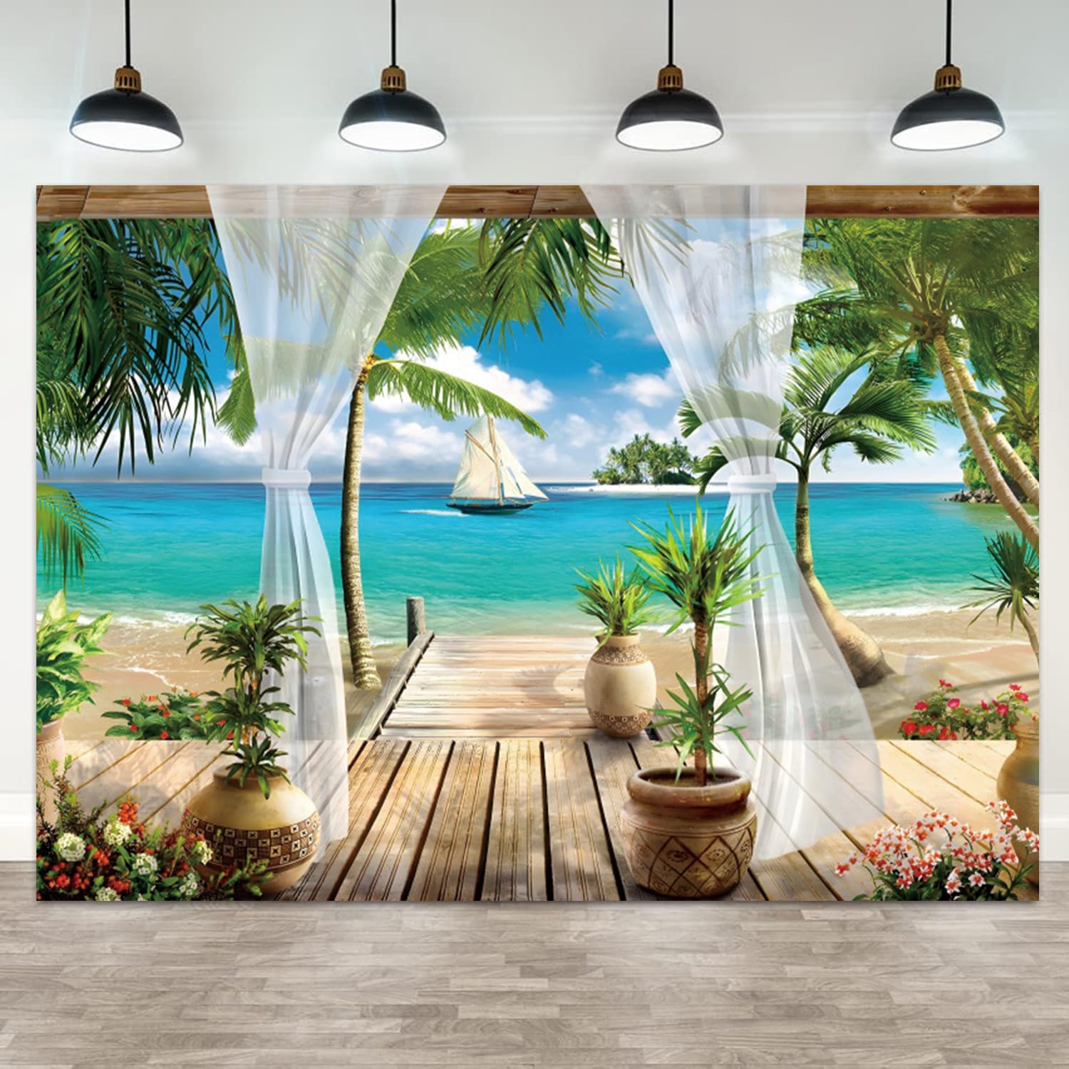 3 x 2,4 m mare tropicale sfondo paradiso spiaggia villa terrazza vista fotografia sfondo palme blu oceano isola barca a vela banner decorazioni estate festa a tema ritratto foto stand puntello