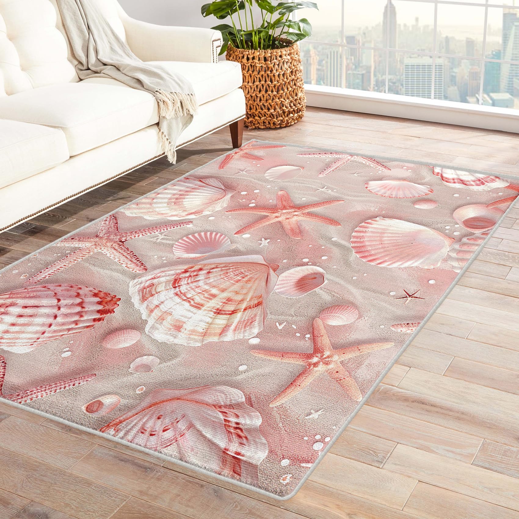 NejTrenzy Beach Throw Rug 2x3, Washable Coastal Rugs for Entryway Bedroom Kitchen, Starfish Seashell Area Rug for Home Decor, Non Slip Backing Indoor