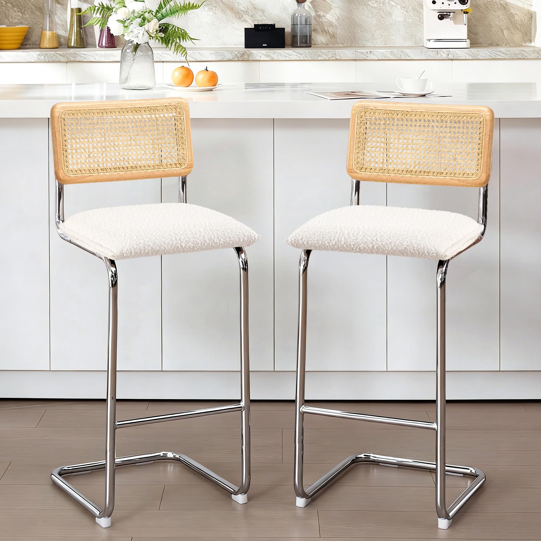 Zesthouse Rattan Bar Stools Set of 2, 30'' Upholstered Boucle Fabric Barstools with Wooden Back & Natural Cane Mesh, Mid Century Cantilevered Design