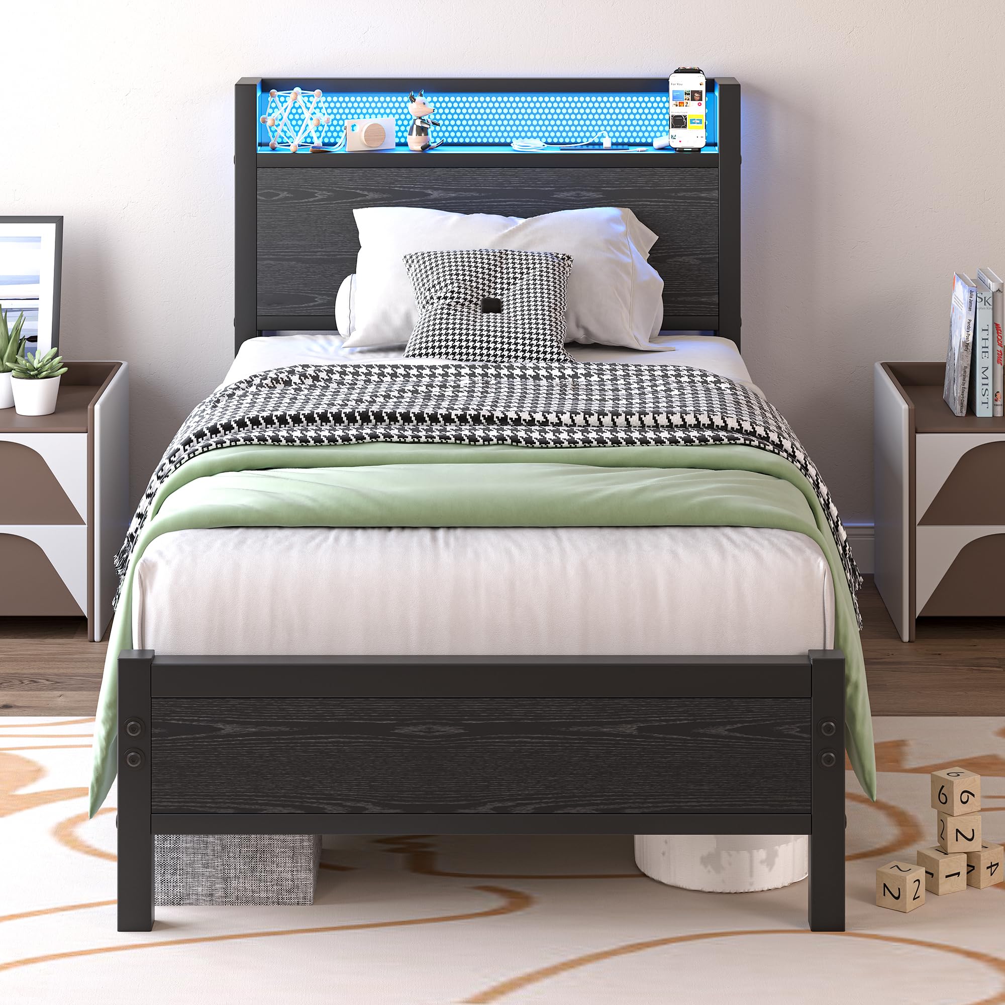 BORPHOM 3ft Single Bed Frame with Storage Headboard Shelf,LED Lights,Charging Station,Heavy Duty Metal Bed Frame Single Bed,Strong Steel Slats Support,Noise Free/Easy Assembly/Black Bed