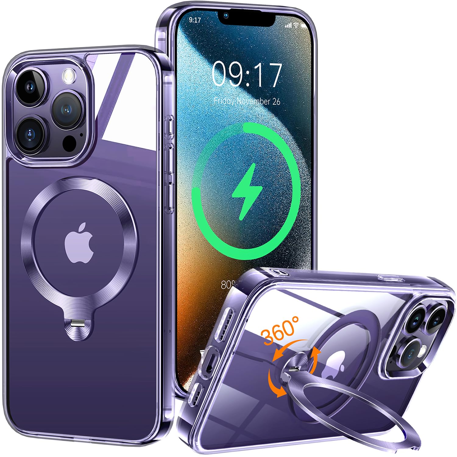 HaloArt 360° Girevole Supporto Magnetica Cover per iPhone 14 Pro Max [Stabile CD Anello Supporto per MagSafe] [N.1 Potenza Magnetica & Protezione Militare] Custodia Protettiva Antiurto Sottile, Viola