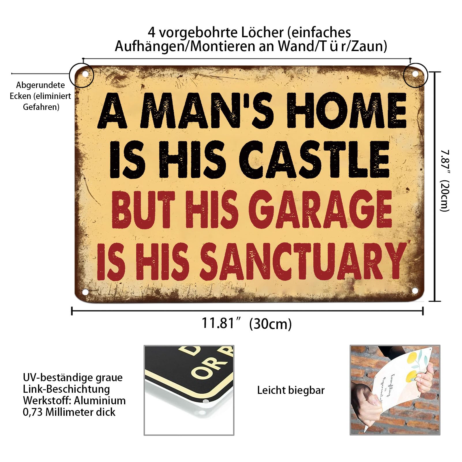 Cartello In Metallo Divertente Per Garage: 'A Man's Home Is His Castle But His Garage Is His Sanctuary' – Decorazione Da Parete Retrò, 24x? Cm - 4