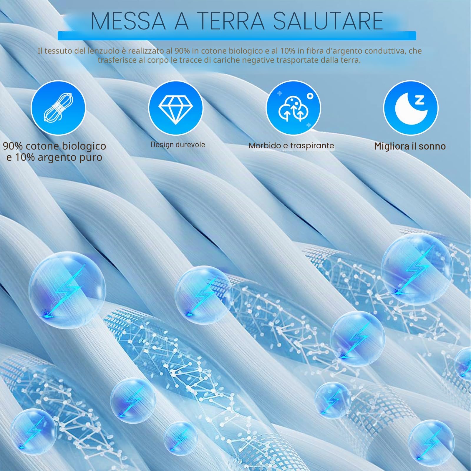 panthem Lenzuolo universale con messa a terra per letto – cotone biologico con fibra argentata per dormire meglio, 265 x 60 cm, con messa a terra (bianco)