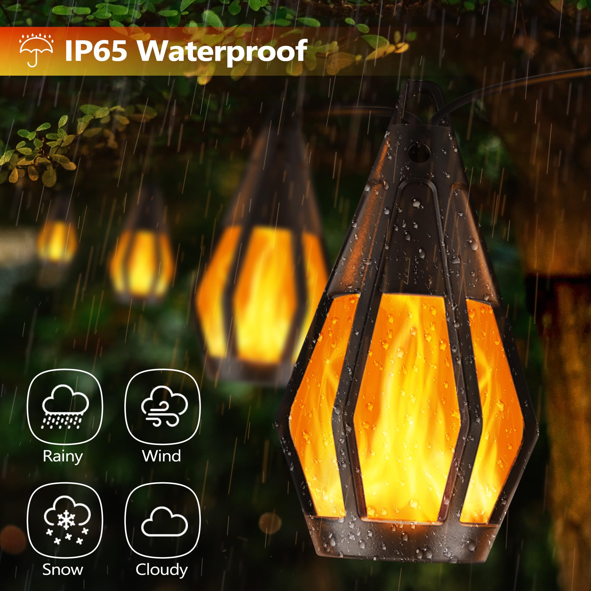 Solar-Lichterkette für den Außenbereich, 12 m, Solar-Terrassenlicht mit 20 flackernden Flammen, wasserdicht, warmweiß, solarbetriebene Außenleuchten für Garten, Hof, Terrasse, Pavillon, Bistro, Café