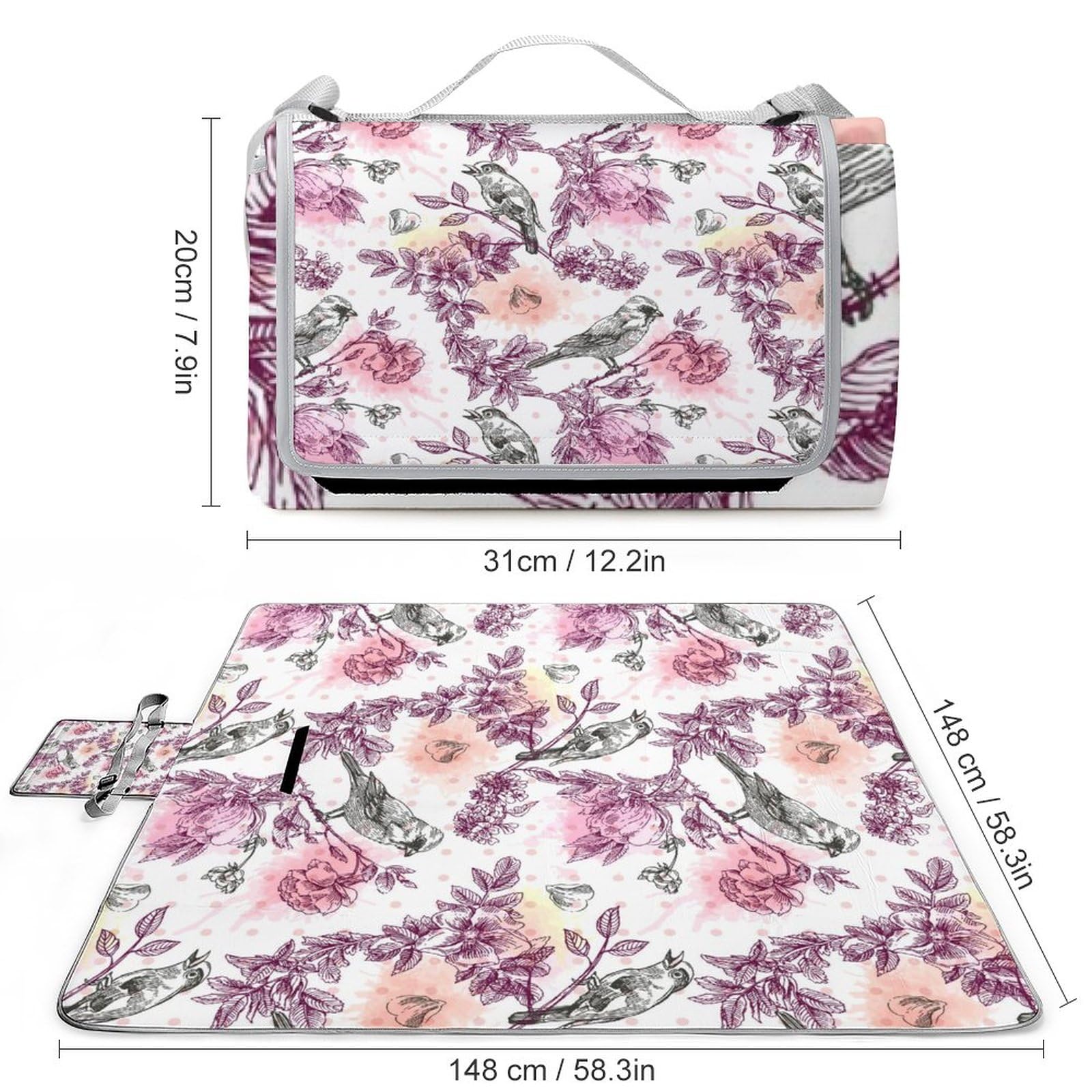 Bird-Flower Picnic Blanket Waterproof Foldable, Large Outdoor Picnic Blanket Beach Blankets Camping Blanket Travel Mat, Shoulder Strap Tote, Rectangle 58x58in
