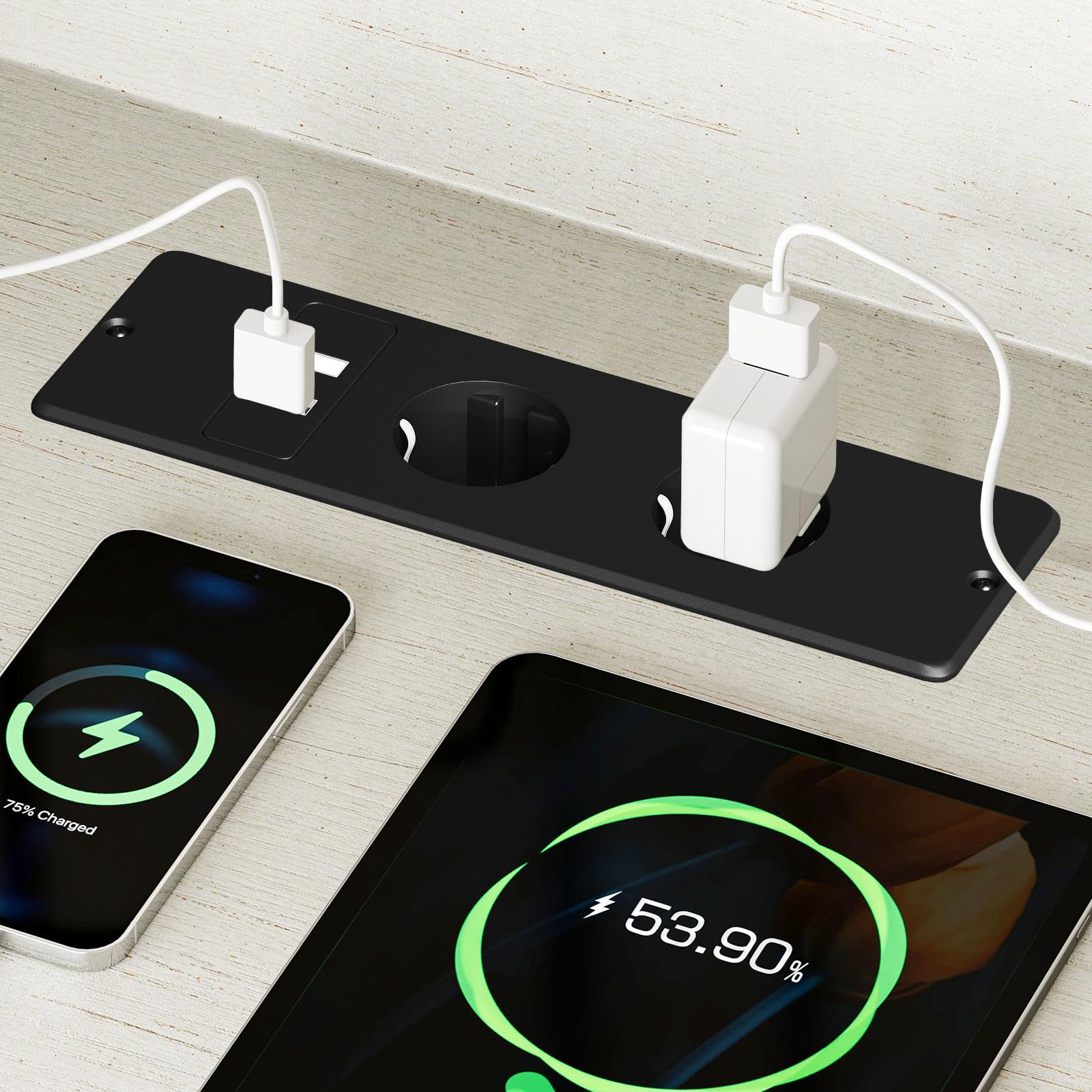 Coleshome Meuble TV, Meuble Tele avec Prises, USB et LED, 4 Compartiments Ouverts et 2 Placards, Idéal pour Le Salon et la Chambre, 150 x 35 x 65 cm, Blanc et Noyer