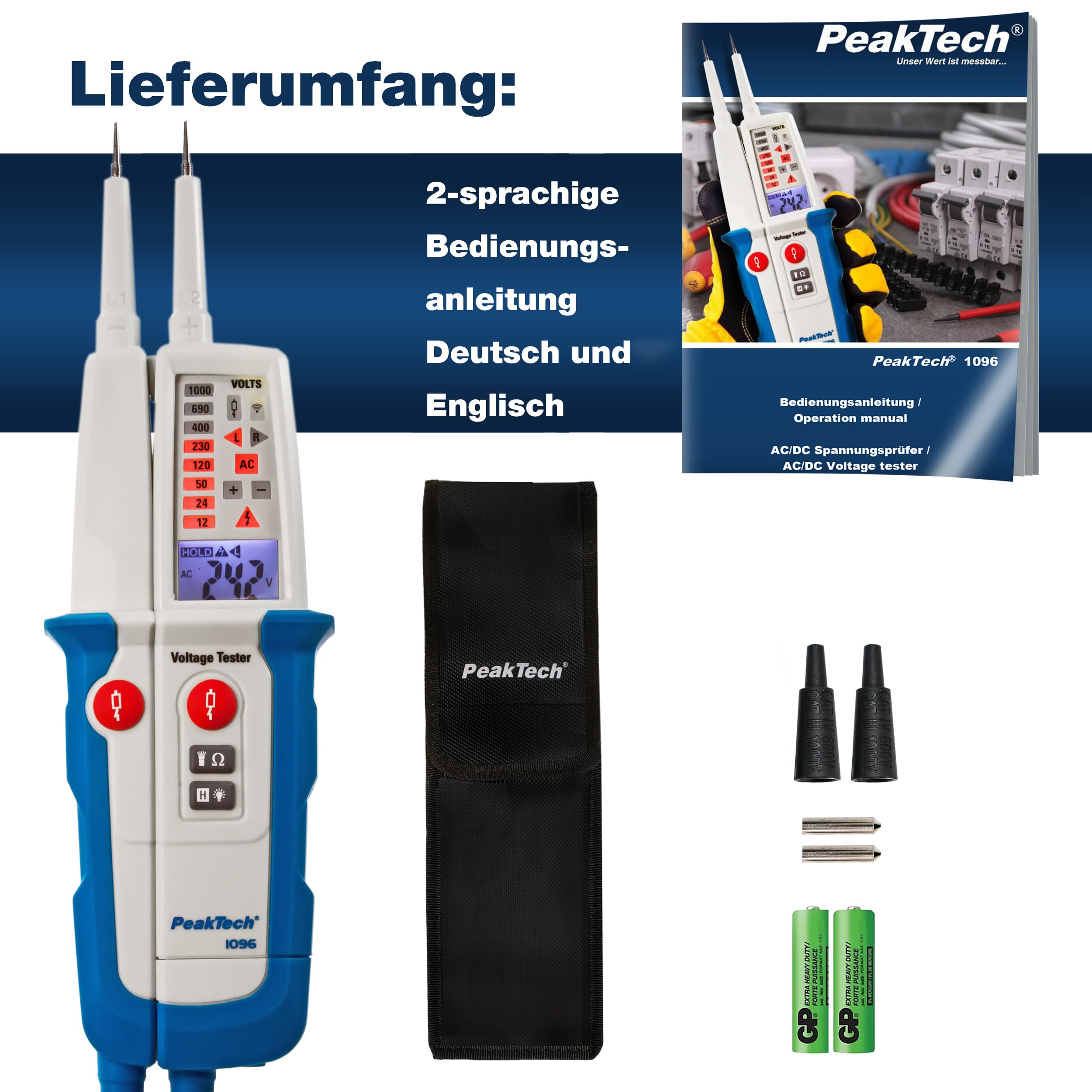 PeakTech P 1096 Stromprüfer Spannungsprüfer zweipolig + Dual Anzeige & FI-Test, Staub- & Wasser Schutz (IP64) LCD-Display + Taschenlampe, Durchgangsprüfer, Spannungsmesser 6V-1000V