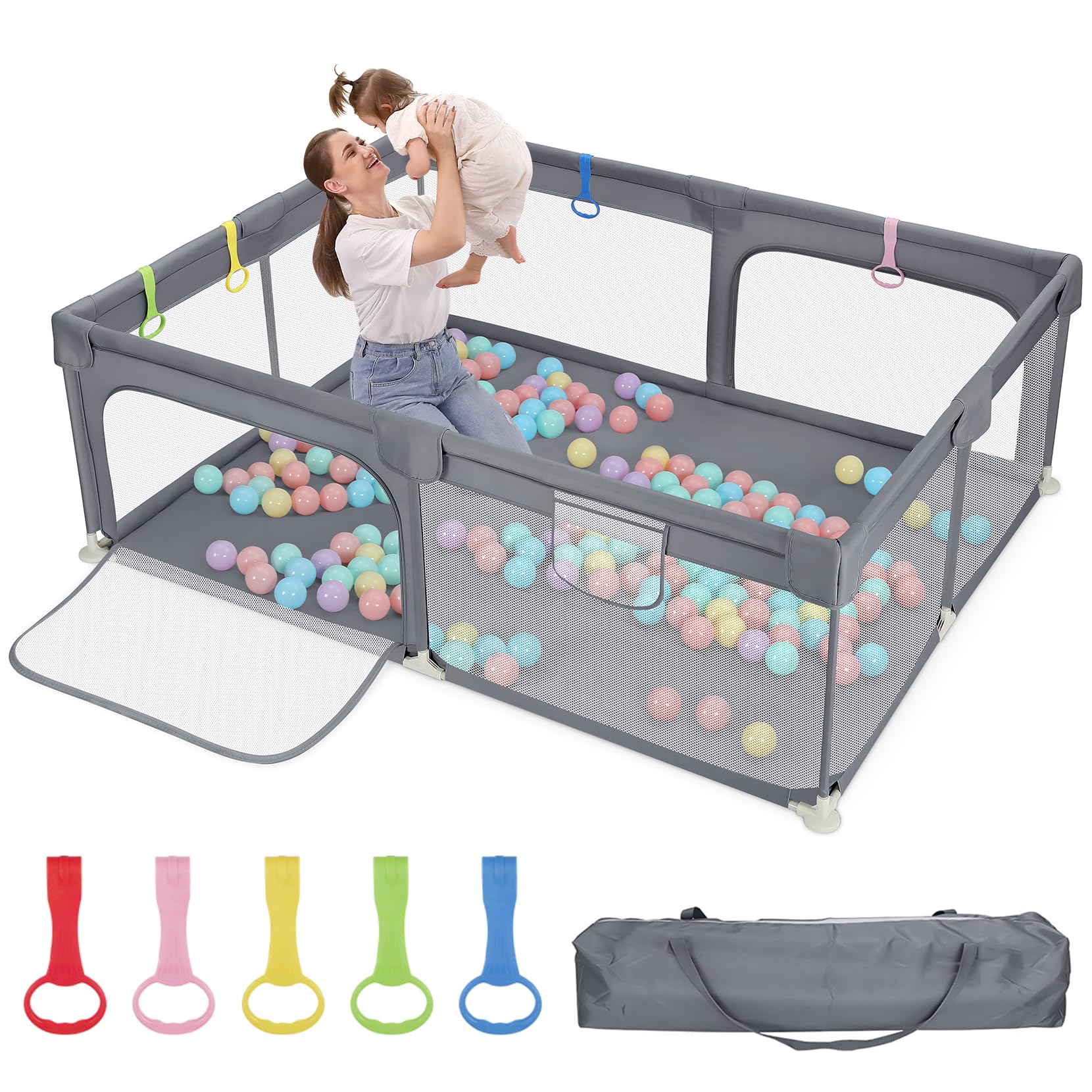 Dripex Box per Bambini Recinto Neonato - 150 x 180 cm Rete Traspirante Tessuto Oxford 210D, 5 Anelli di Gioco, Grigio