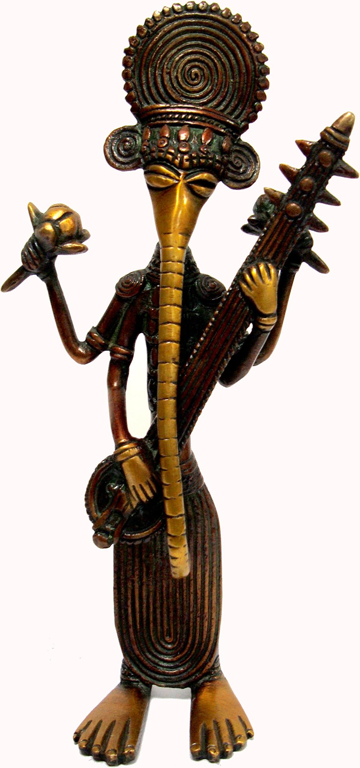 Aesthetic Decors Ganesh Standing Buster Style W Veena in Nepali Orange Showpiece - 20 cm (Brass, Multicolor)