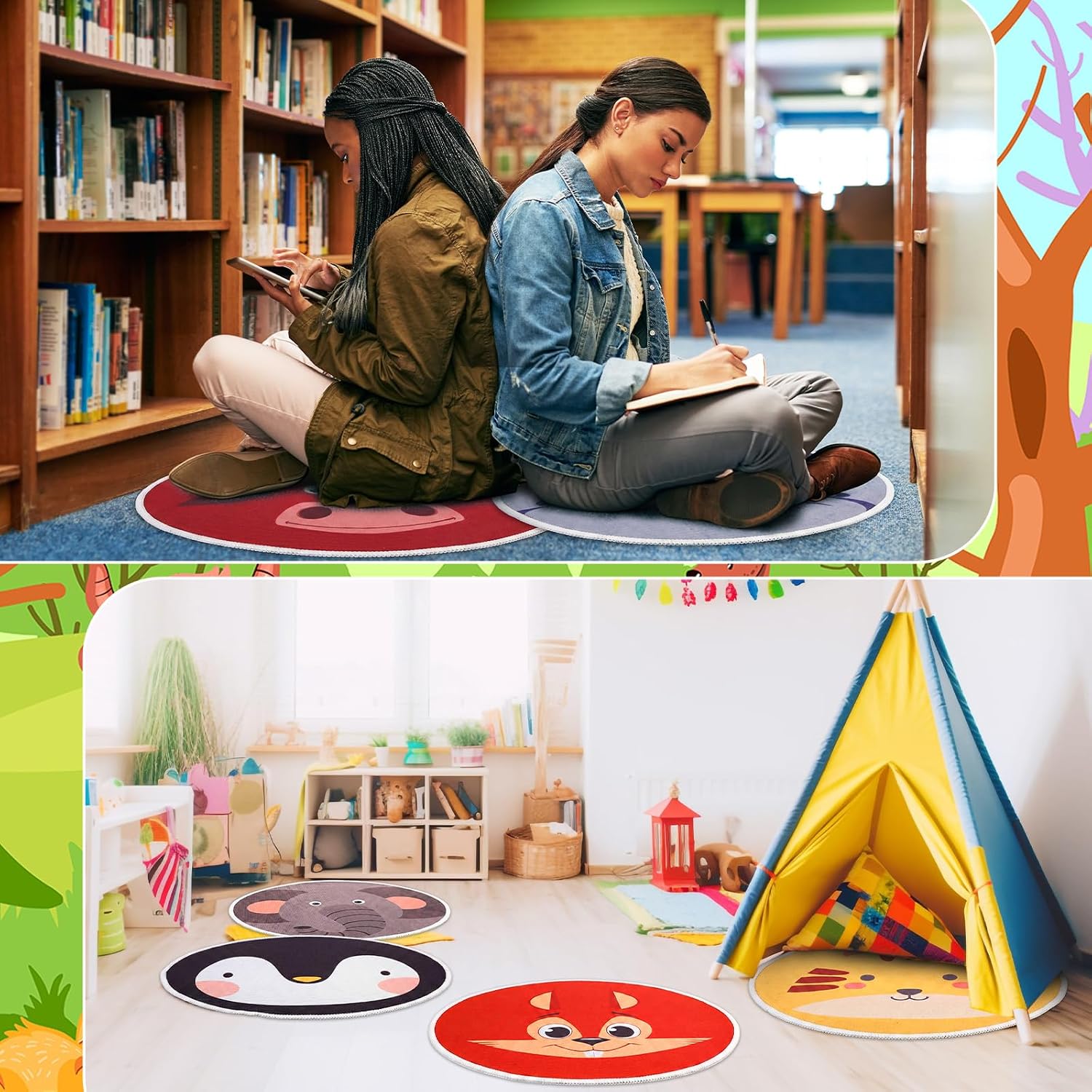 24 Pack Carpet Circles for Classroom, 16 in Non Slip Mat, Animal